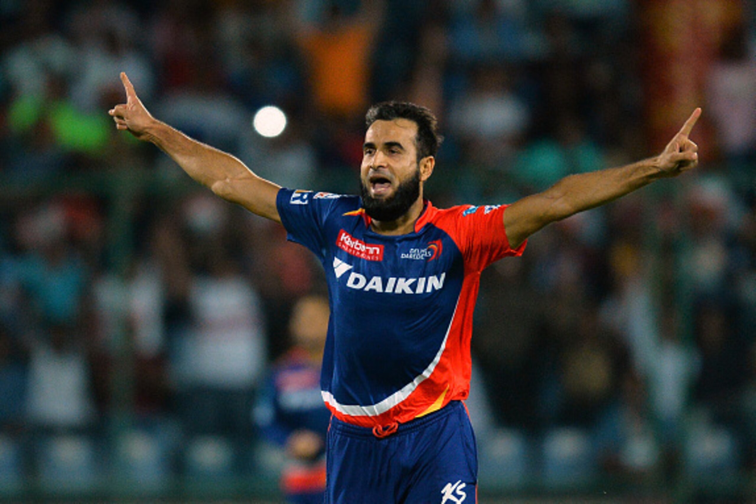 Delhi Daredevils' bowler Imran Tahir celebrates after dismissing Rising Pune Supergiants' batsman Saurabh Tiwaray during the 2016 Indian Premier League (IPL) Twenty20 cricket match between Delhi Daredevils and Rising Pune Supergiants at The Feroz Shah Kot
