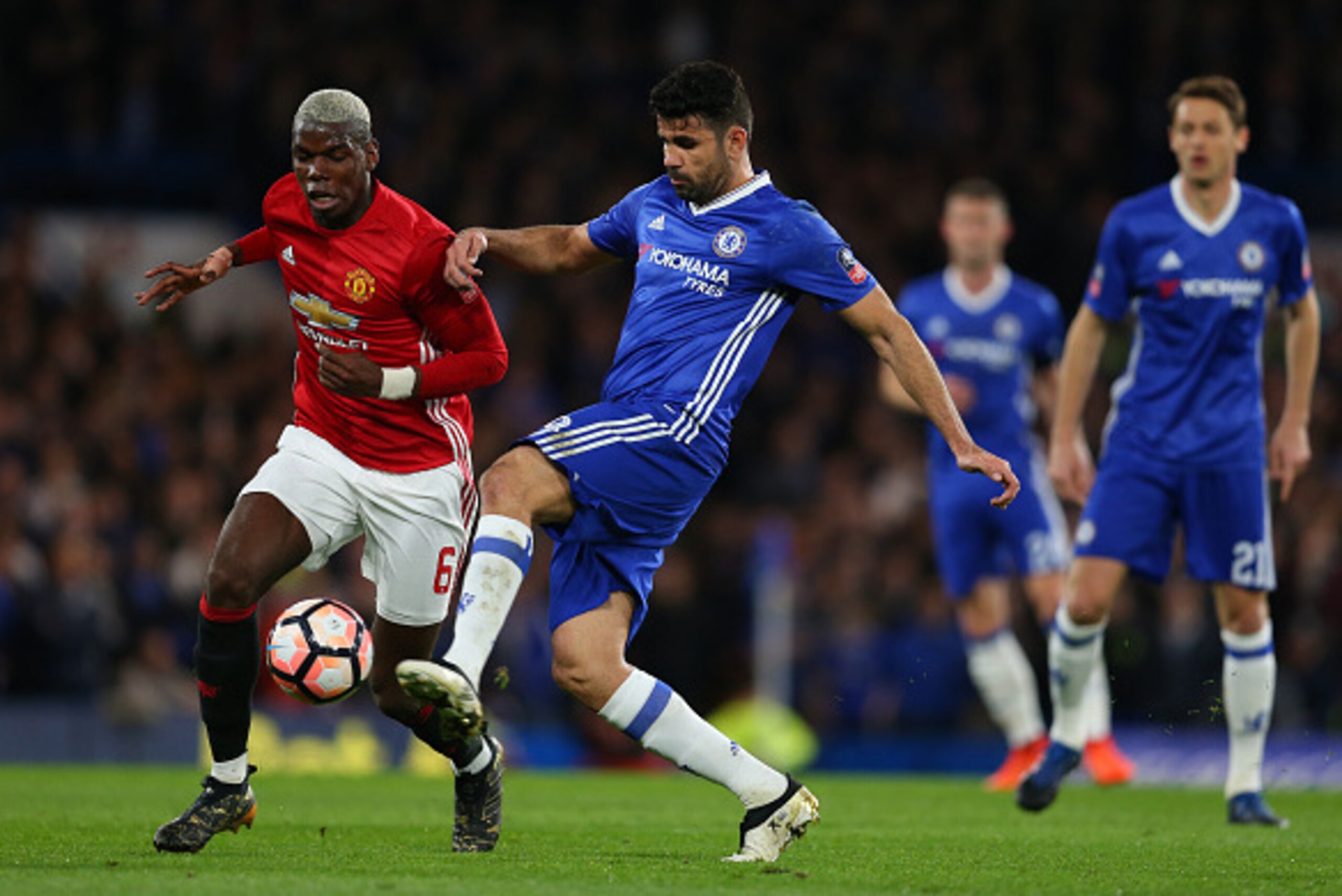 LONDON, ENGLAND - MARCH 13: Paul Pogba of Manchester United and Diego Costa of Chelsea during The Emirates FA Cup Quarter-Final match between Chelsea and Manchester United at Stamford Bridge on March 13, 2017 in London, England. (Photo by Catherine Ivill LONDON, ENGLAND - MARCH 13: Paul Pogba of Manchester United and Diego Costa of Chelsea during The Emirates FA Cup Quarter-Final match between Chelsea and Manchester United at Stamford Bridge on March 13, 2017 in London, England. (Photo by Catherine Ivill