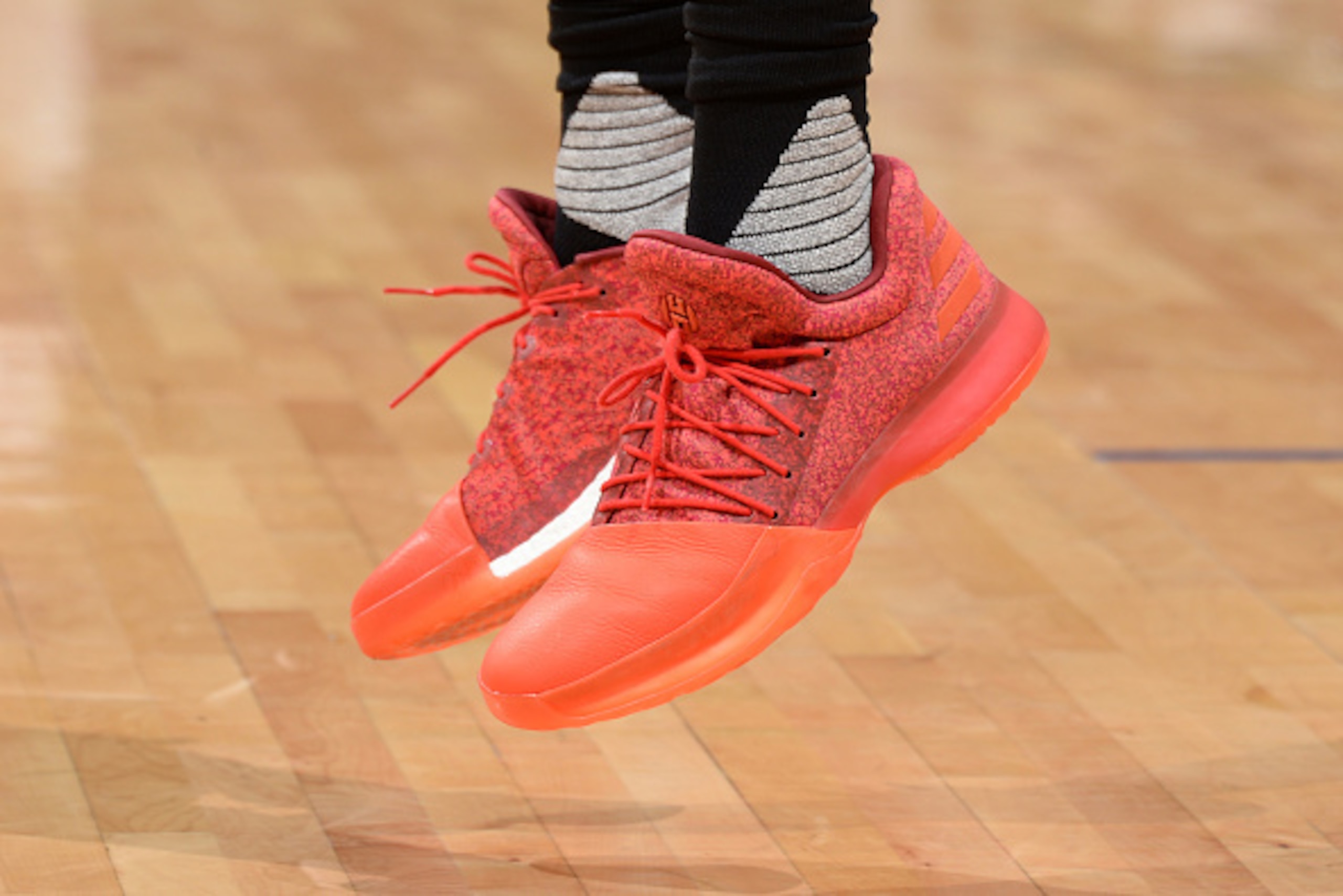 LOS ANGELES, CA - APRIL 10:  The sneakers of James Harden #13 of the Houston Rockets are seen before a game against the LA Clippers on April 10, 2017 at STAPLES Center in Los Angeles, California. NOTE TO USER: User expressly acknowledges and agrees that, 