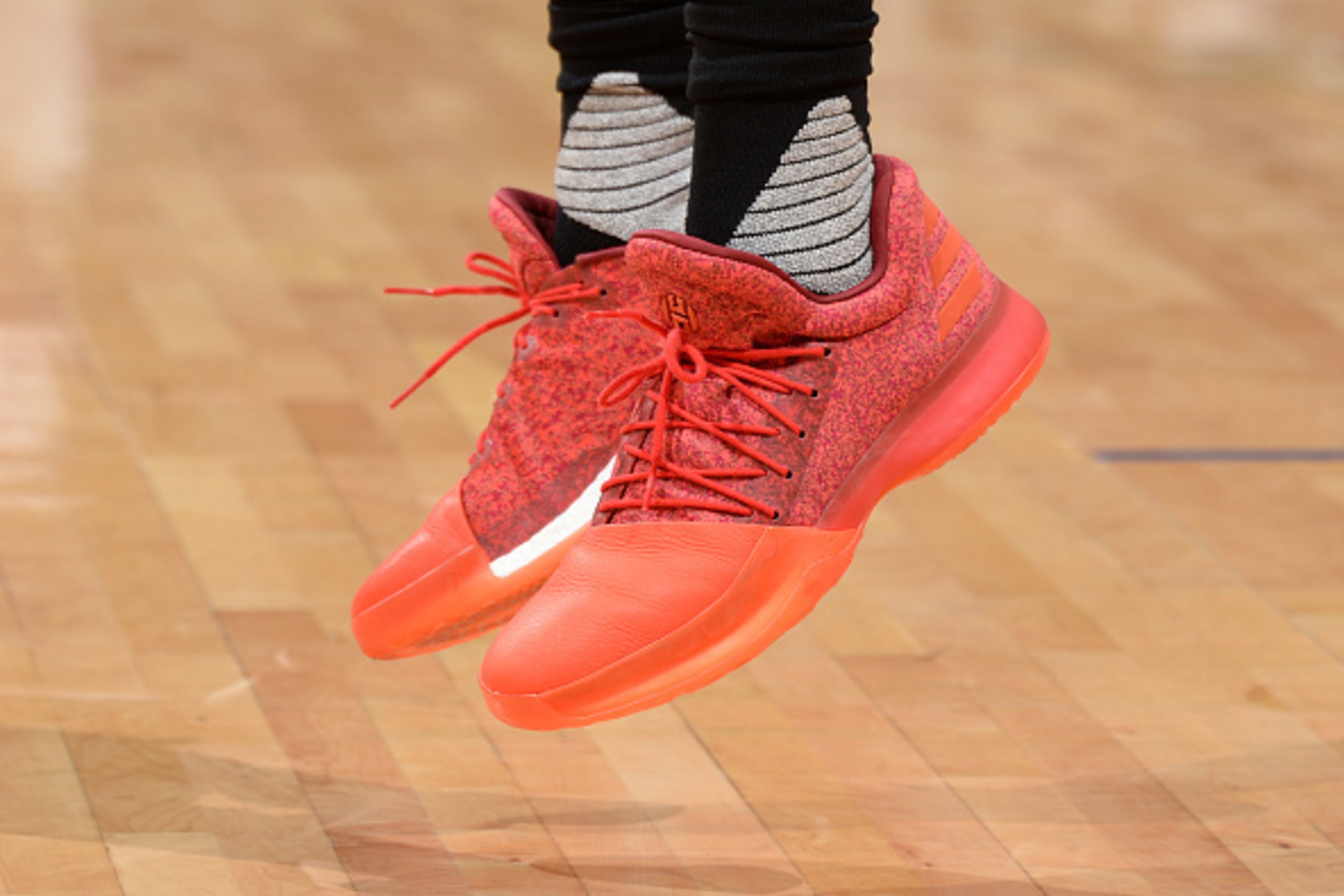 LOS ANGELES, CA - APRIL 10:  The sneakers of James Harden #13 of the Houston Rockets are seen before a game against the LA Clippers on April 10, 2017 at STAPLES Center in Los Angeles, California. NOTE TO USER: User expressly acknowledges and agrees that, 