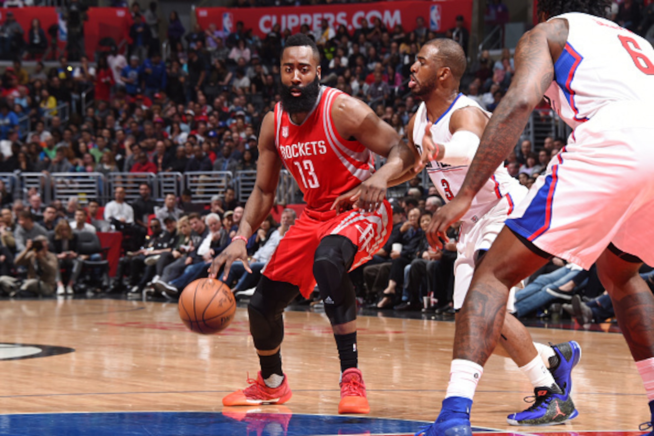 LOS ANGELES, CA - APRIL 10:  James Harden #13 of the Houston Rockets handles the ball during a game against the LA Clippers on April 10, 2017 at STAPLES Center in Los Angeles, California. NOTE TO USER: User expressly acknowledges and agrees that, by downl