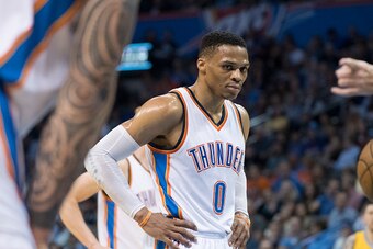 OKLAHOMA CITY, OK - APRIL 12:  Russell Westbrook #0 of the Oklahoma City Thunder reacts during the first half of a NBA game against the Denver Nuggets at the Chesapeake Energy Arena on April 12, 2017 in Oklahoma City, Oklahoma.   NOTE TO USER: User expres