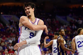 PHILADELPHIA, PA - APRIL 10: Dario Saric #9 of the Philadelphia 76ers reacts to drawing a foul against the Indiana Pacers during the third quarter at the Wells Fargo Center on April 10, 2017 in Philadelphia, Pennsylvania. The Pacers won 120-111. NOTE TO U