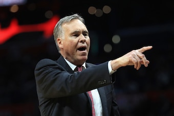 LOS ANGELES, CA - APRIL 10:  Head coach Mike D'Antoni of the Houston Rockets points during the second  half of a game against the LA Clippers  at Staples Center on April 10, 2017 in Los Angeles, California.  NOTE TO USER: User expressly acknowledges and a
