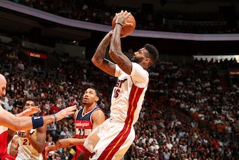 MIAMI, FL - APRIL 12: James Johnson #16 of the Miami Heat shoots the ball during the game against the Washington Wizards on April 12, 2017 at AmericanAirlines Arena in Miami, Florida. NOTE TO USER: User expressly acknowledges and agrees that, by downloadi