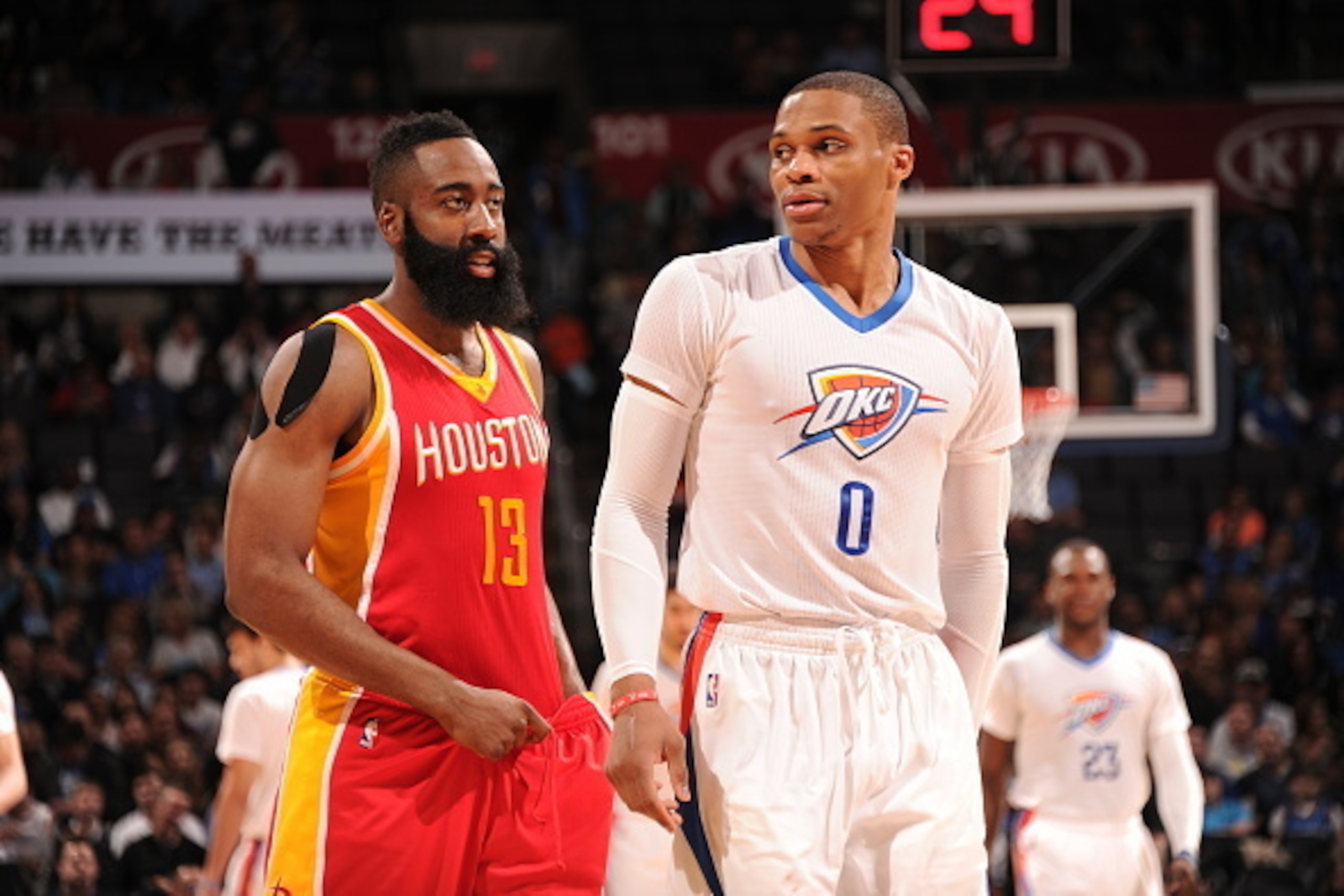 OKLAHOMA CITY, OK- APRIL 5:   James Harden #13 of the Houston Rockets and Russell Westbrook #0 of the Oklahoma City Thunder walk off the court on April 5, 2015 at Chesapeake Energy Arena in Oklahoma City, Oklahoma. NOTE TO USER: User expressly acknowledge