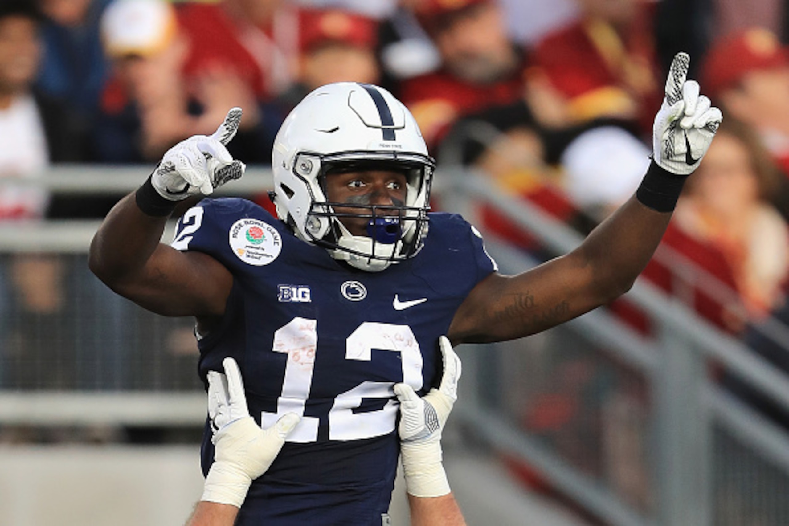 PASADENA, CA - JANUARY 02:  Wide receiver Chris Godwin #12 of the Penn State Nittany Lions celebrates after catching a 30-yard touchdown pass in the second quarter against the USC Trojans during the 2017 Rose Bowl Game presented by Northwestern Mutual at 