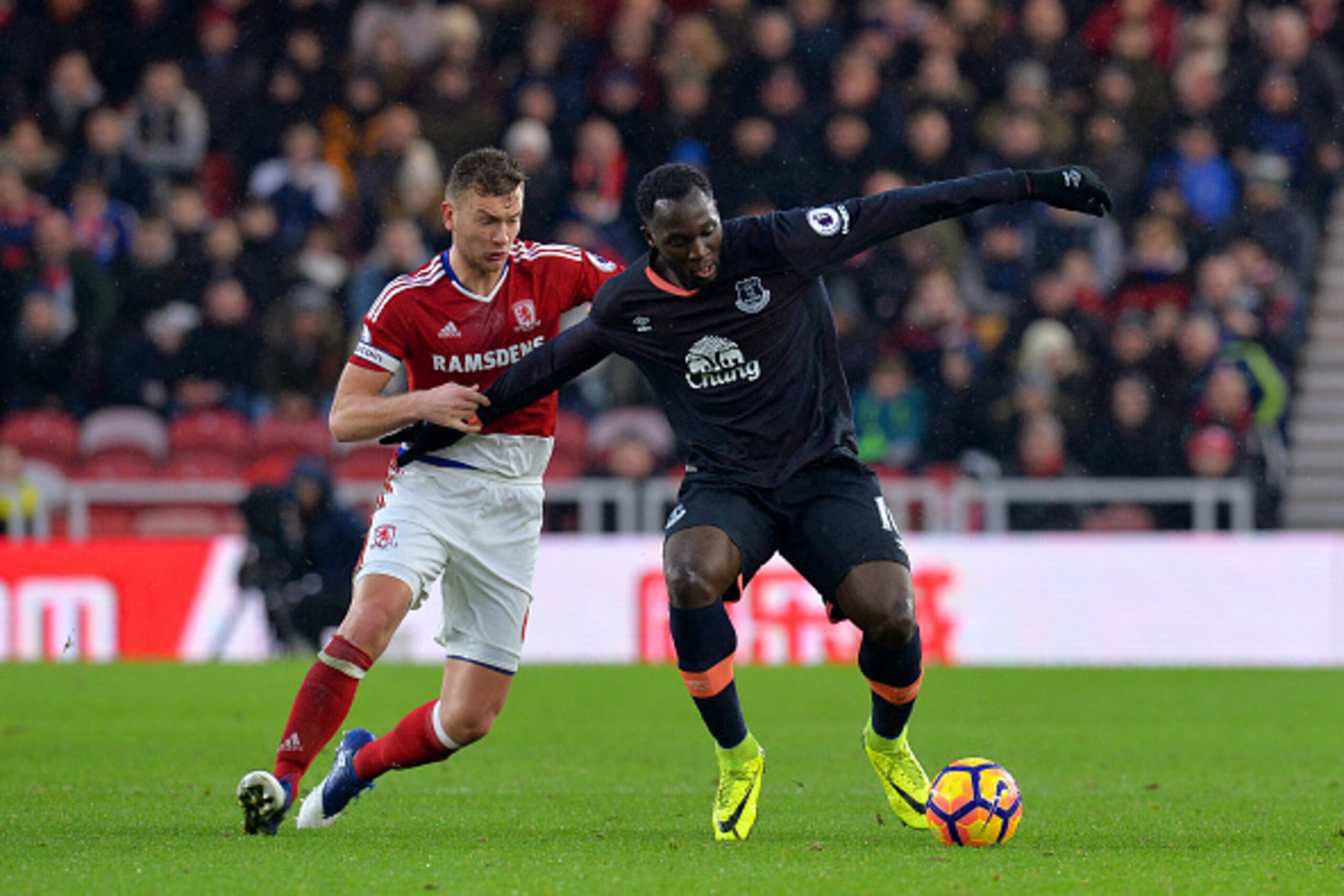 MIDDLESBROUGH, ENGLAND - FEBRUARY 11: Romelu Lukaku of Everton and Ben Gibson of Middlesbrough compete for the ball during the Premier League match between Middlesbrough and Everton at Riverside Stadium on February 11, 2017 in Middlesbrough, England.  (Ph