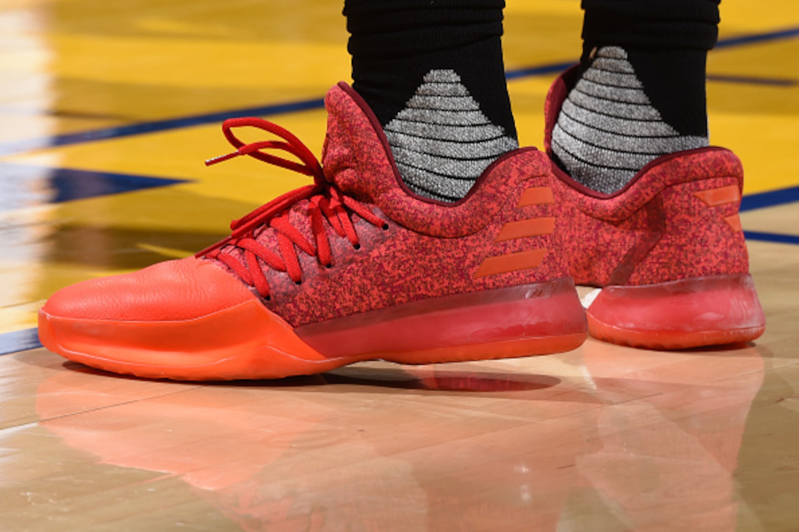 OAKLAND, CA - MARCH 31: Sneakers worn by James Harden #13 of the Houston Rockets during the game against the Golden State Warriors on March 31, 2017 at ORACLE Arena in Oakland, California. NOTE TO USER: User expressly acknowledges and agrees that, by down