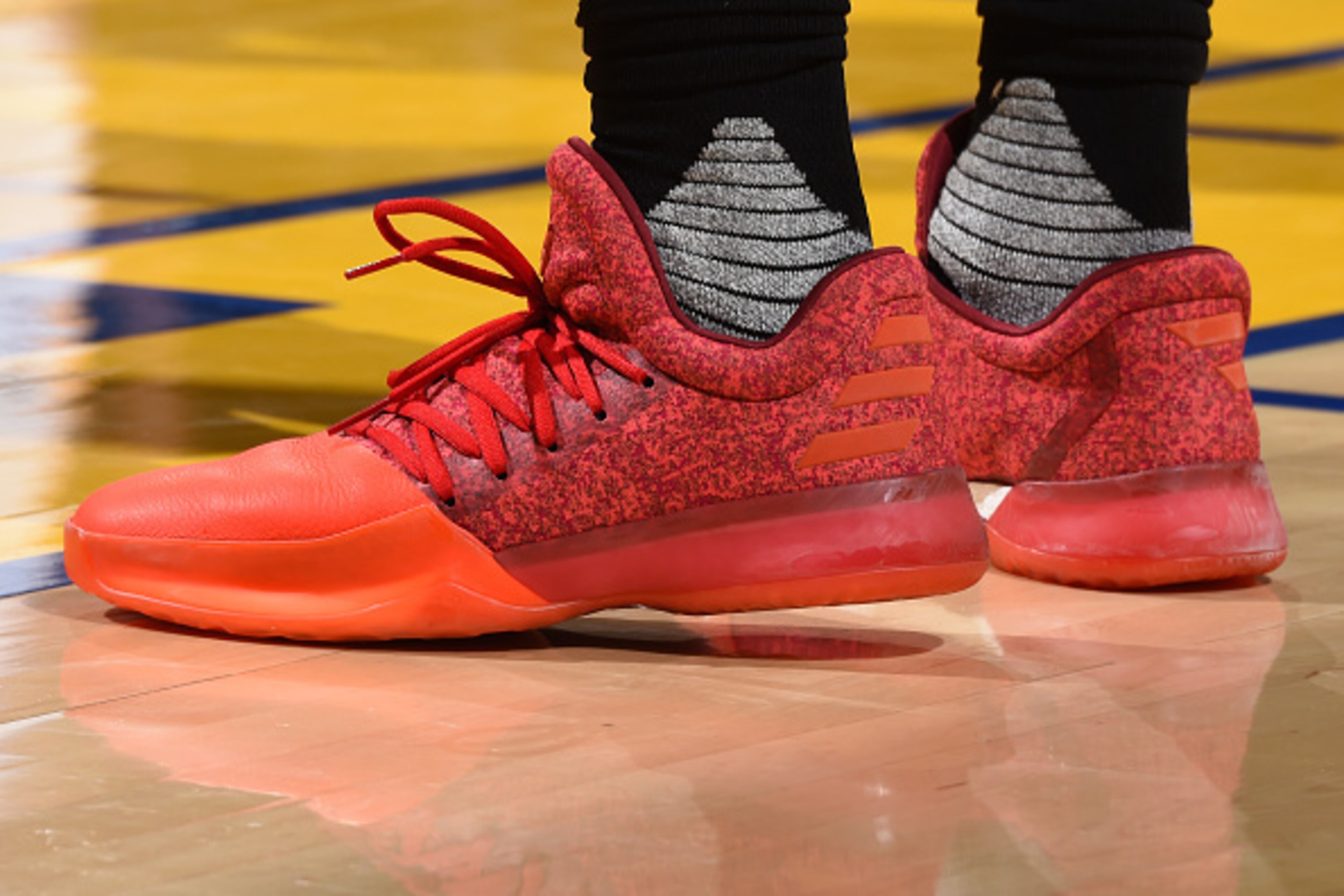 OAKLAND, CA - MARCH 31: Sneakers worn by James Harden #13 of the Houston Rockets during the game against the Golden State Warriors on March 31, 2017 at ORACLE Arena in Oakland, California. NOTE TO USER: User expressly acknowledges and agrees that, by down