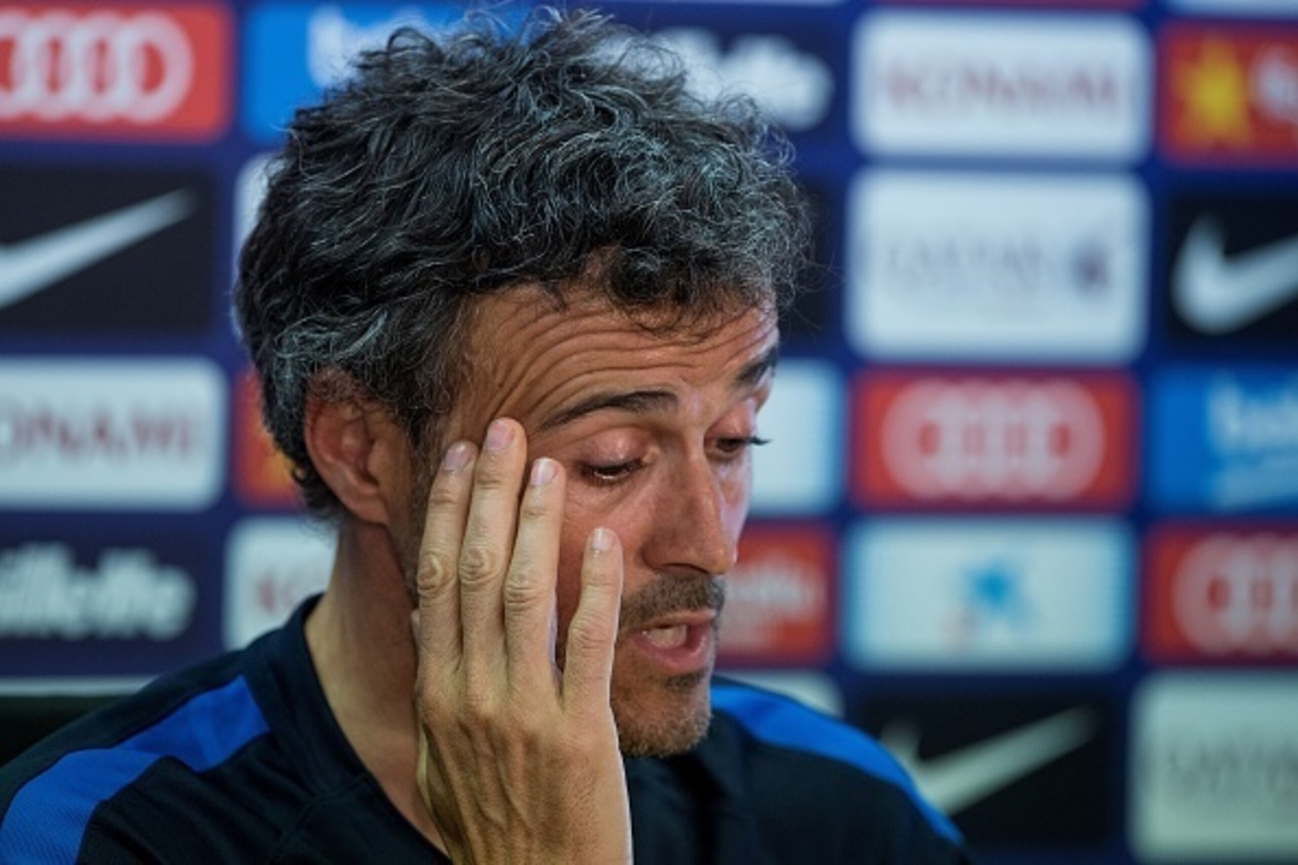 Barcelona's coach Luis Enrique gestures during a press conference following a training session at the Sports Center FC Barcelona Joan Gamper in Sant Joan Despi, near Barcelona on April 14, 2017, on the eve of a Spanish League football match against Real S