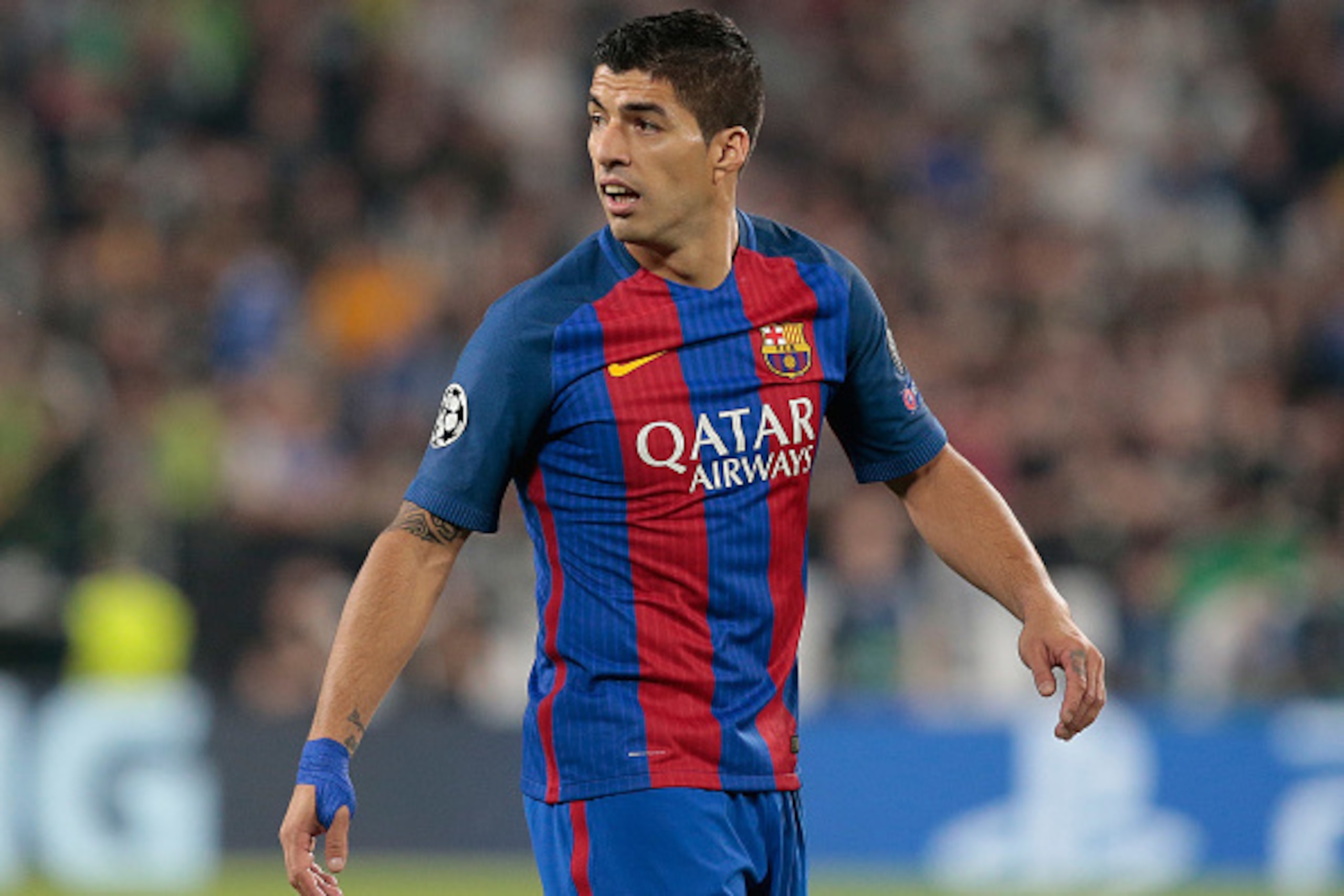 TURIN, ITALY - APRIL 11: Luis Suarez of FC Barcelona looks on during the UEFA Champions League Quarter Final first leg match between Juventus and FC Barcelona at Juventus Stadium on April 11, 2017 in Turin, Italy. (Photo by Emilio Andreoli/Getty Images) TURIN, ITALY - APRIL 11: Luis Suarez of FC Barcelona looks on during the UEFA Champions League Quarter Final first leg match between Juventus and FC Barcelona at Juventus Stadium on April 11, 2017 in Turin, Italy. (Photo by Emilio Andreoli/Getty Images)