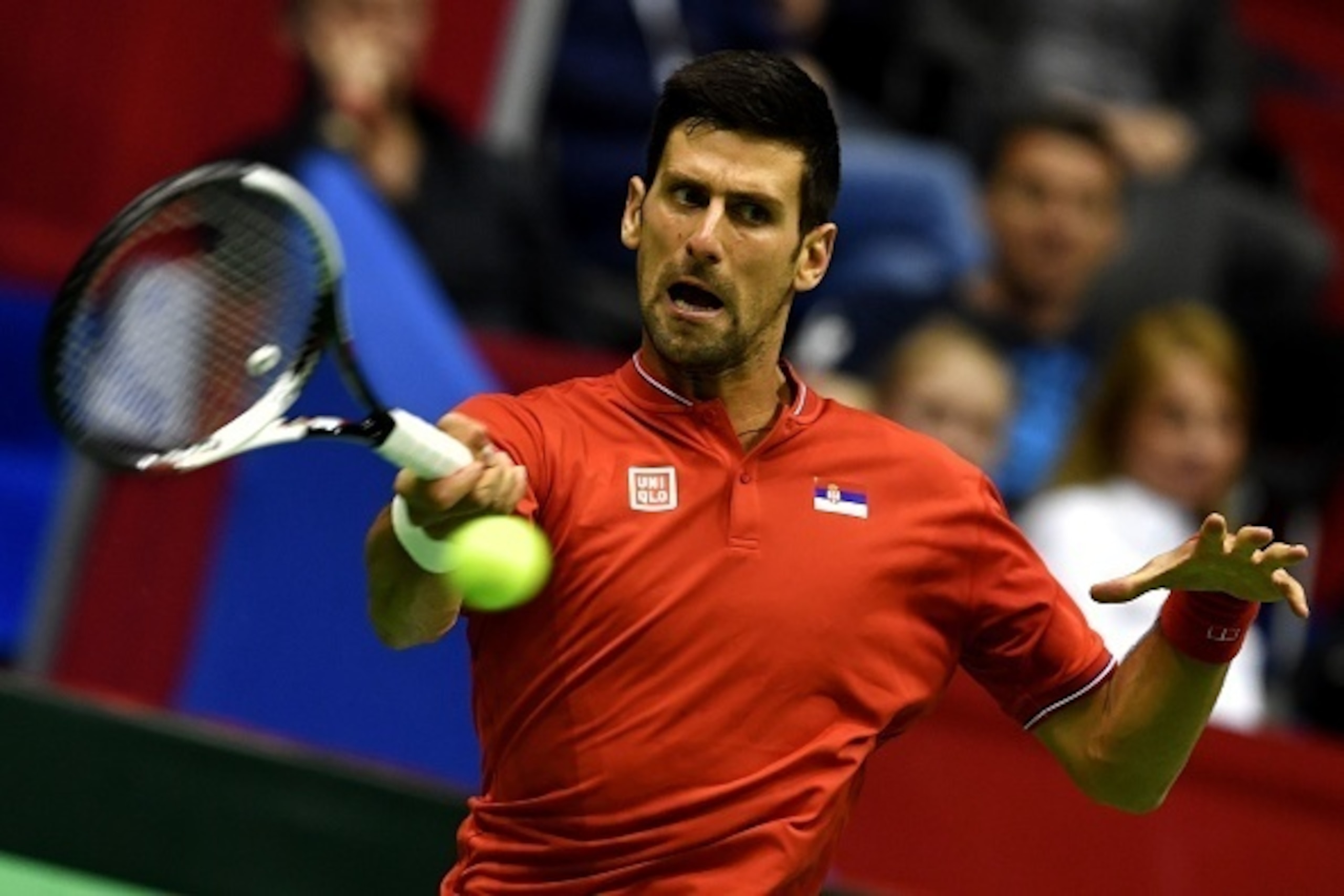 Serbia's Novak Djokovic returns the ball to Spain's Albert Ramos-Vinolas during the Davis Cup World Group quarterfinals single match between Serbia and Spain at the 'Aleksandar Nikolic' sports hall in Belgrade, on April 7, 2017. / AFP PHOTO / ANDREJ ISAKO Serbia's Novak Djokovic returns the ball to Spain's Albert Ramos-Vinolas during the Davis Cup World Group quarterfinals single match between Serbia and Spain at the 'Aleksandar Nikolic' sports hall in Belgrade, on April 7, 2017. / AFP PHOTO / ANDREJ ISAKO