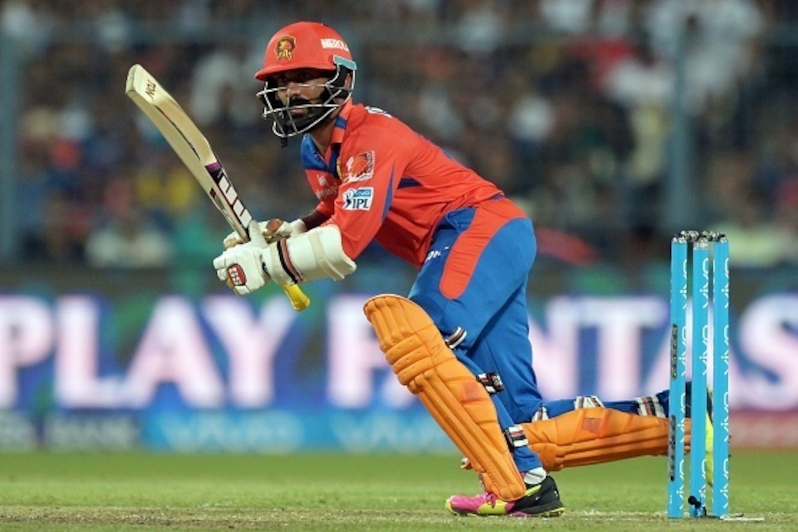 Gujarat Lions Dinesh Karthik plays a shot during the 2016 Indian Premier League (IPL) Twenty20 cricket match between Kolkata Knight Riders and Gujarat Lions at the Eden Gardens Cricket Stadium in Kolkata on May 8, 2016../ GETTYOUT / ----IMAGE RESTRICTED T