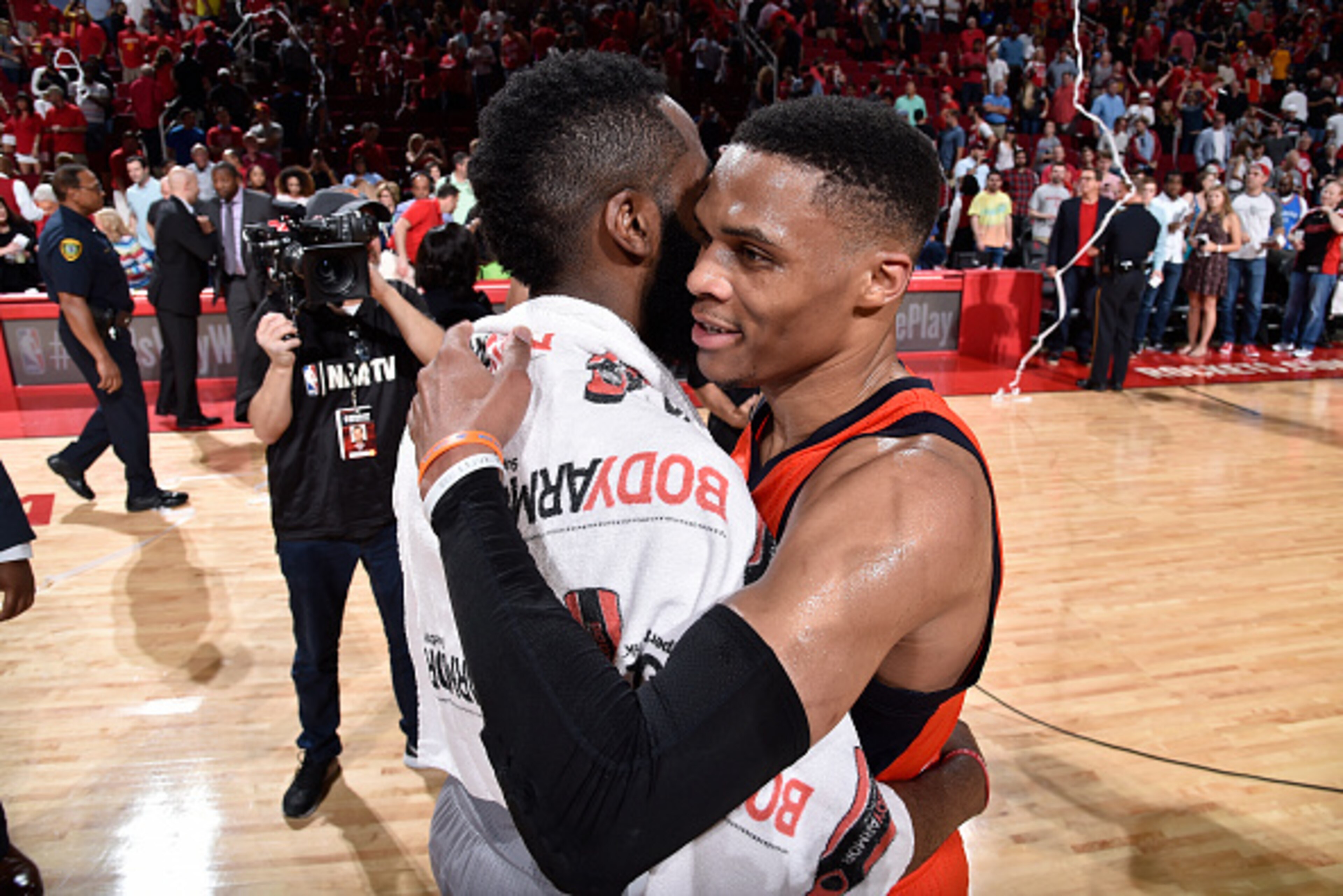 HOUSTON, TX - MARCH 26: Russell Westbrook #0 of the Oklahoma City Thunder hugs James Harden #13 of the Houston Rockets after the game on March 26, 2017 at the Toyota Center in Houston, Texas. NOTE TO USER: User expressly acknowledges and agrees that, by d