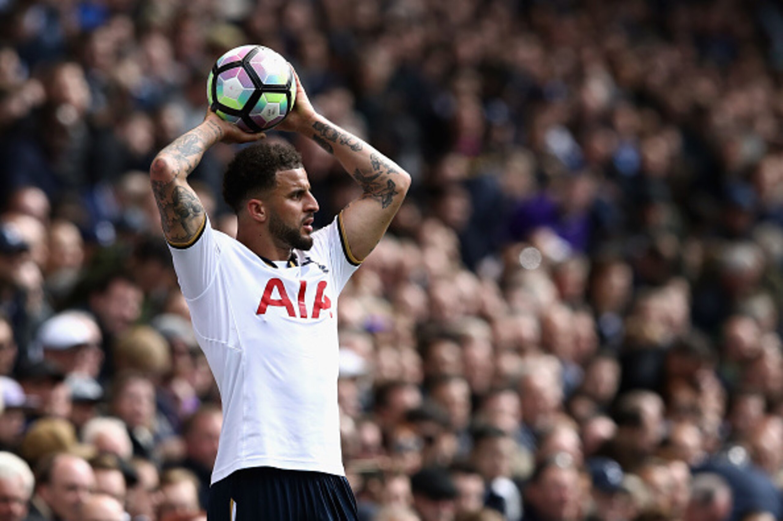 LONDON, ENGLAND - APRIL 15: Kyle Walker of Tottenham Hotspur takes a throw in during the Premier League match between Tottenham Hotspur and AFC Bournemouth at White Hart Lane on April 15, 2017 in London, England. (Photo by Julian Finney/Getty Images) LONDON, ENGLAND - APRIL 15: Kyle Walker of Tottenham Hotspur takes a throw in during the Premier League match between Tottenham Hotspur and AFC Bournemouth at White Hart Lane on April 15, 2017 in London, England. (Photo by Julian Finney/Getty Images)