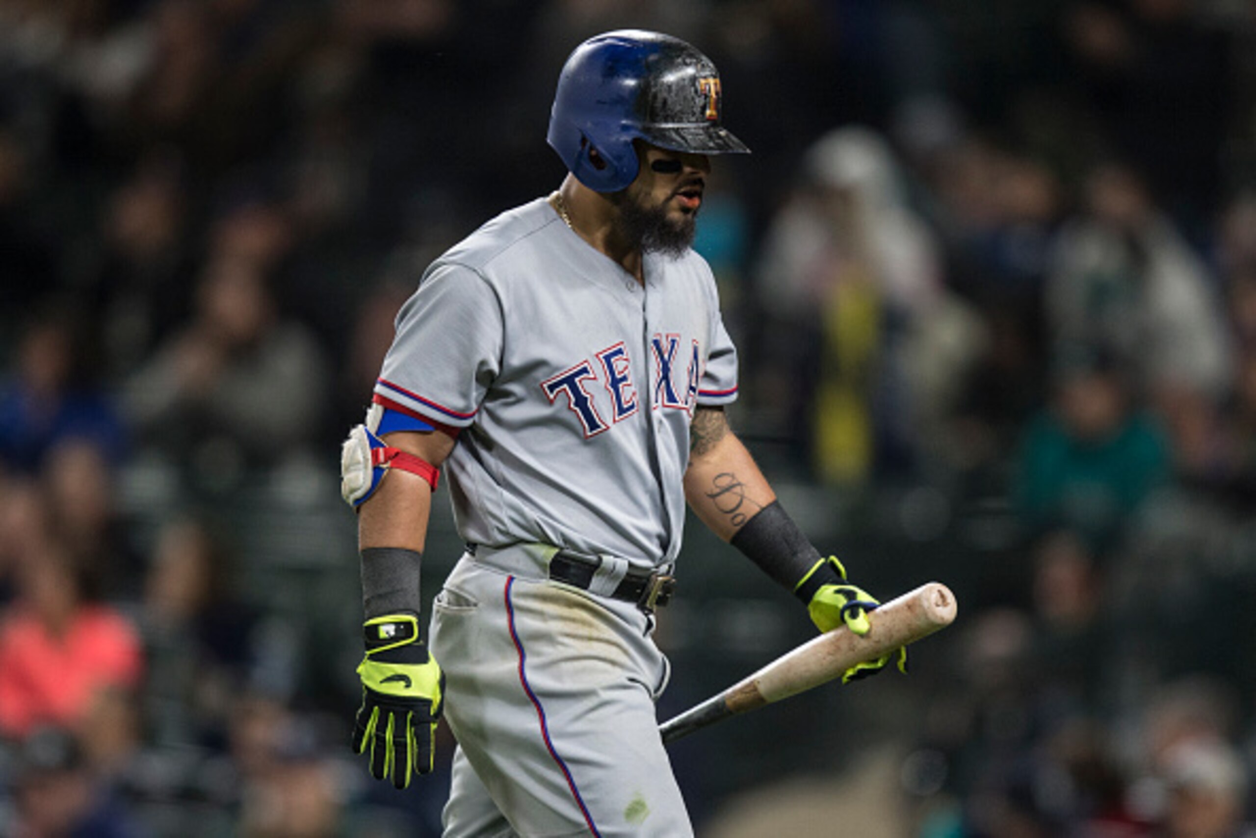 SEATTLE, WA - APRIL 14: Rougned Odor #12 of the Texas Rangers walks off the field after striking out during a game Seattle Mariners at Safeco Field on April 14, 2017 in Seattle, Washington. The Mariners won 2-1. (Photo by Stephen Brashear/Getty Images)