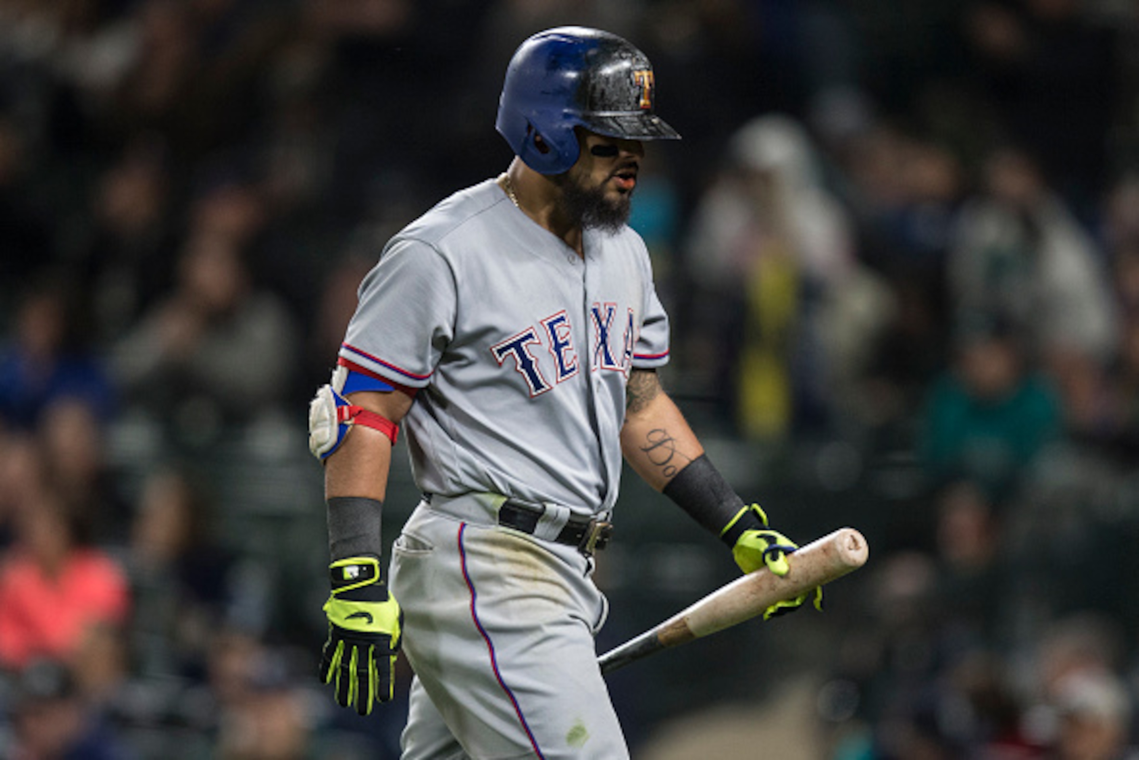 SEATTLE, WA - APRIL 14: Rougned Odor #12 of the Texas Rangers walks off the field after striking out during a game Seattle Mariners at Safeco Field on April 14, 2017 in Seattle, Washington. The Mariners won 2-1. (Photo by Stephen Brashear/Getty Images)