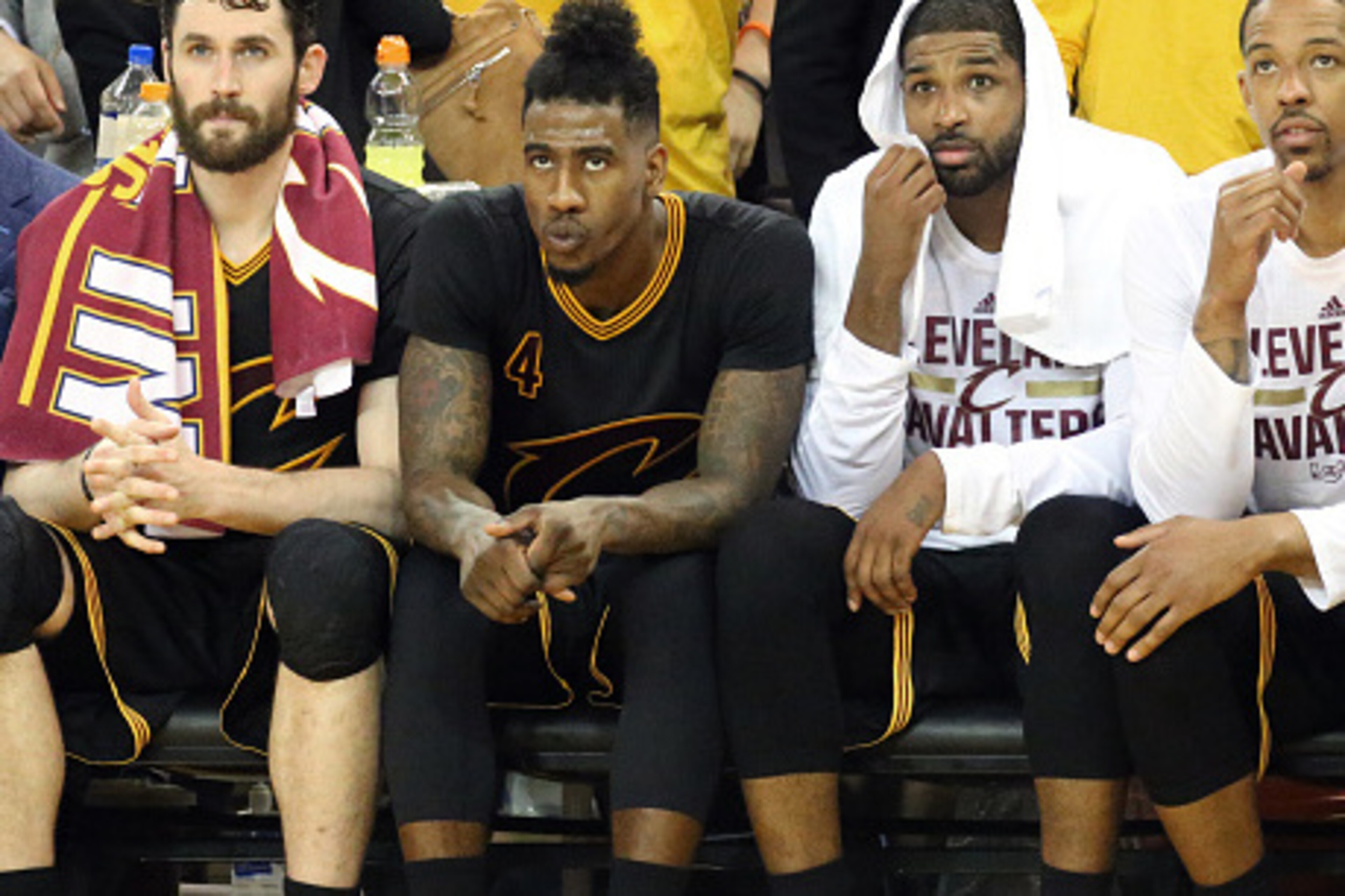 OAKLAND, CA - JUNE 13:  Kevin Love #0, Iman Shumpert #4, Tristan Thompson #13, and Channing Frye #9 of the Cleveland Cavaliers on the bench during the game against the Golden State Warriors in Game Five of the 2016 NBA Finals on June13, 2016 at Oracle Are