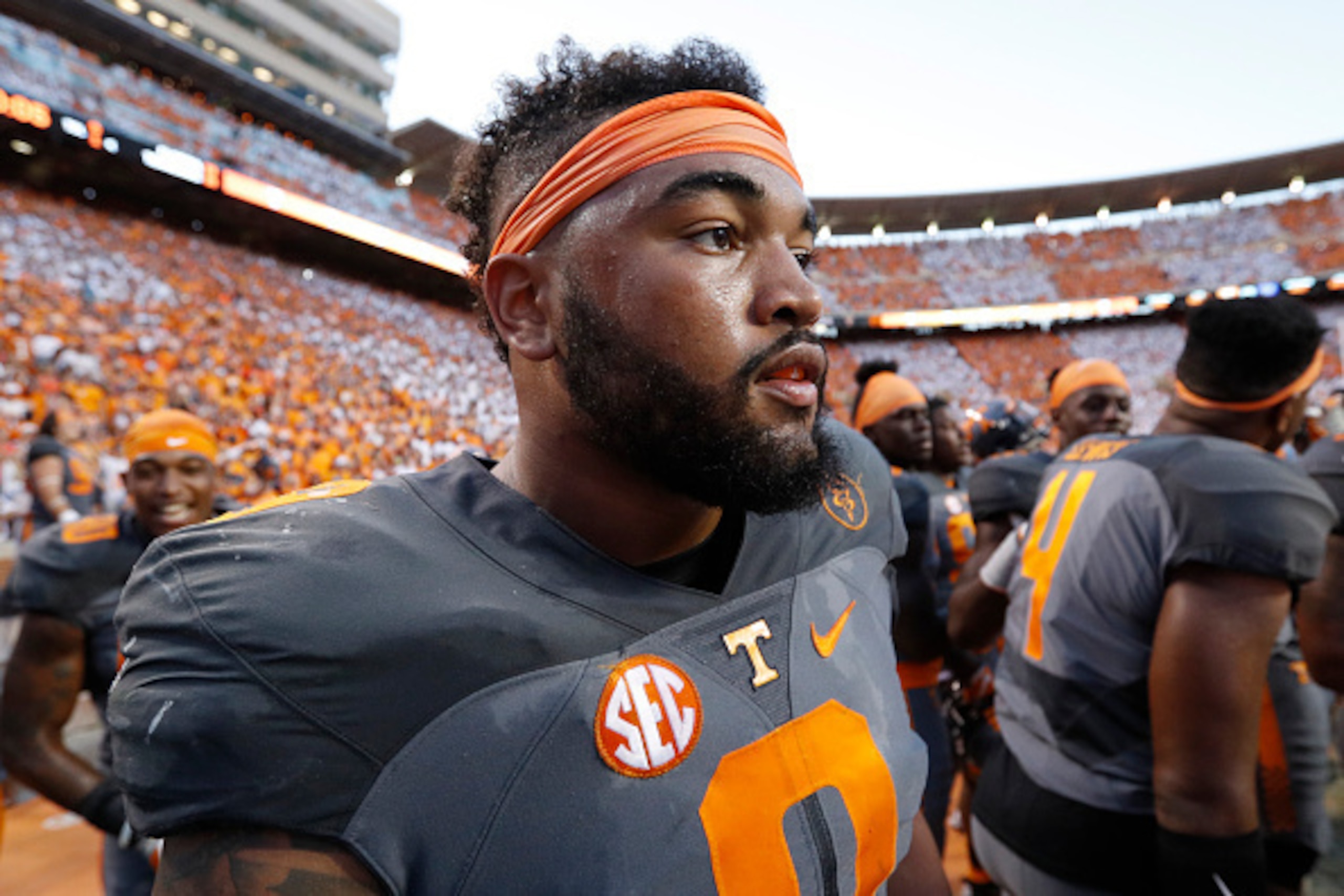 KNOXVILLE, TN - SEPTEMBER 24: Derek Barnett #9 of the Tennessee Volunteers looks on against the Florida Gators during the game at Neyland Stadium on September 24, 2016 in Knoxville, Tennessee. Tennessee defeated Florida 38-28. (Photo by Joe Robbins/Getty 