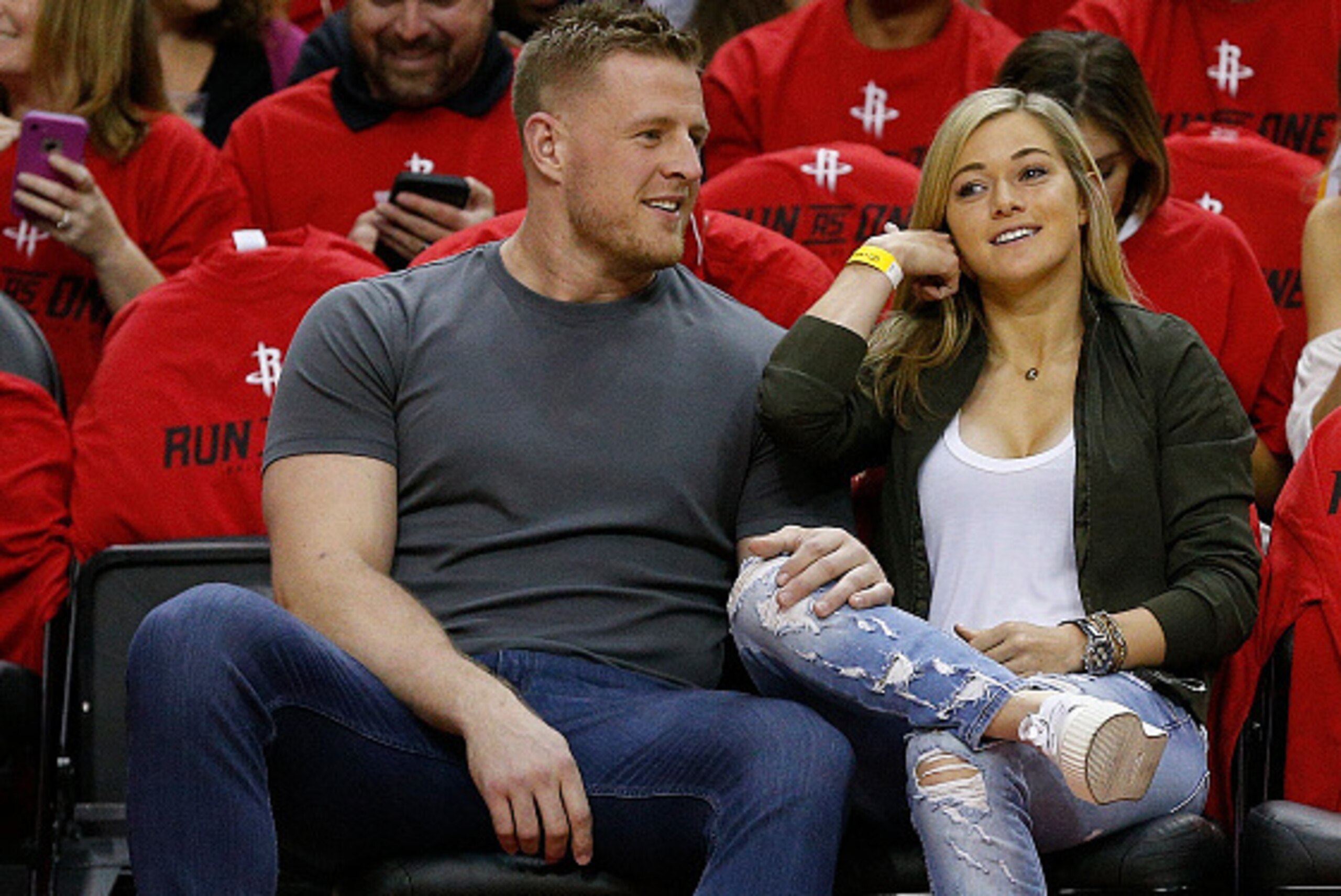 HOUSTON, TX - APRIL 16:  JJ. Watt of the Houston Texans and girlfriend Kealia Ohai courtside during Game One of the first round of the Western Conference 2017 NBA Playoffs at Toyota Center on April 16, 2017 in Houston, Texas. NOTE TO USER: User expressly 