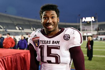 MEMPHIS, TN - DECEMBER 29:  Myles Garrett #15 of the Texas A&M Aggies leaves the field following a victory over the West Virginia Mountaineers in the 56th annual Autozone Liberty Bowl at Liberty Bowl Memorial Stadium on December 29, 2014 in Memphis, Tenne