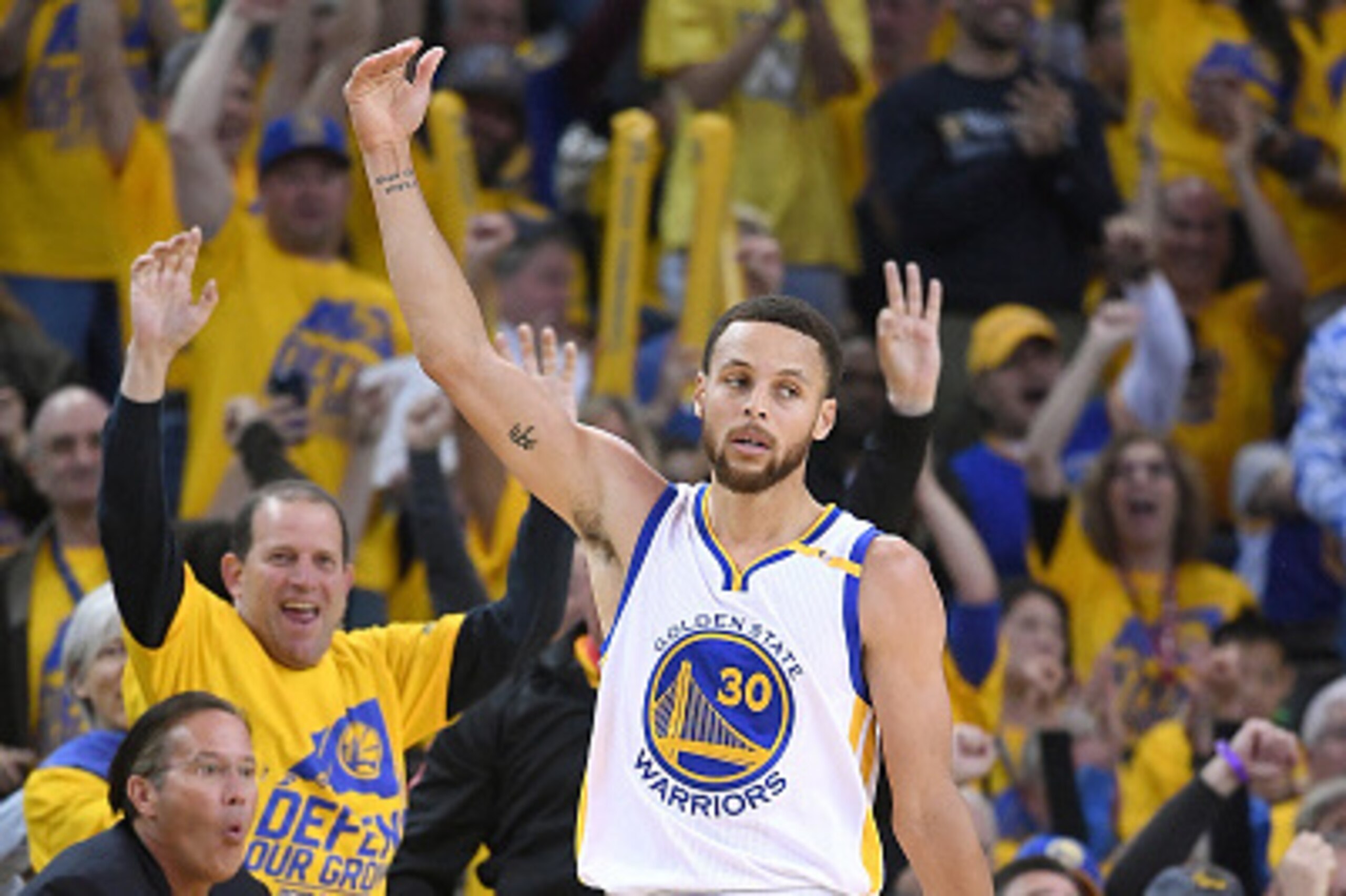 OAKLAND, CA - APRIL 16: Stephen Curry #30 of the Golden State Warriors reacts after making a three-point shot over Maurice Harkless #4 of the Portland Trail Blazers in the third quarter during Game One of the first round of the 2017 NBA Playoffs at ORACL OAKLAND, CA - APRIL 16: Stephen Curry #30 of the Golden State Warriors reacts after making a three-point shot over Maurice Harkless #4 of the Portland Trail Blazers in the third quarter during Game One of the first round of the 2017 NBA Playoffs at ORACL