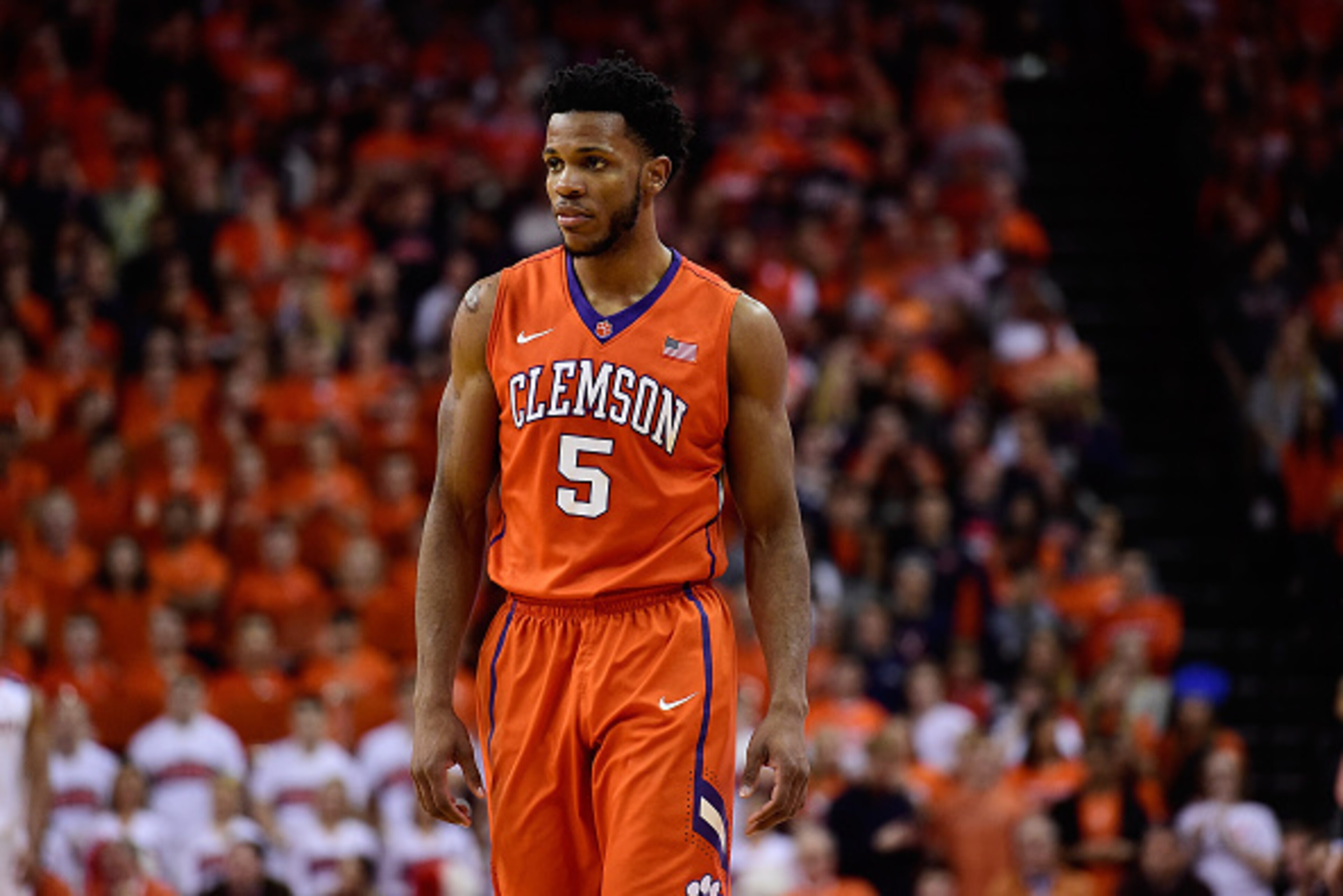 CHARLOTTESVILLE, VA - JANUARY 19:  Jaron Blossomgame #5 of the Clemson Tigers in action in the second half during a game against the Virginia Cavaliers at John Paul Jones Arena on January 19, 2016 in Charlottesville, Virginia. The Virginia Cavaliers defea