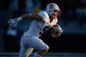SEATTLE, WA - SEPTEMBER 30:  Kick returner Christian McCaffrey #5 of the Stanford Cardinal rushes against the Washington Huskies on September 30, 2016 at Husky Stadium in Seattle, Washington.  (Photo by Otto Greule Jr/Getty Images)