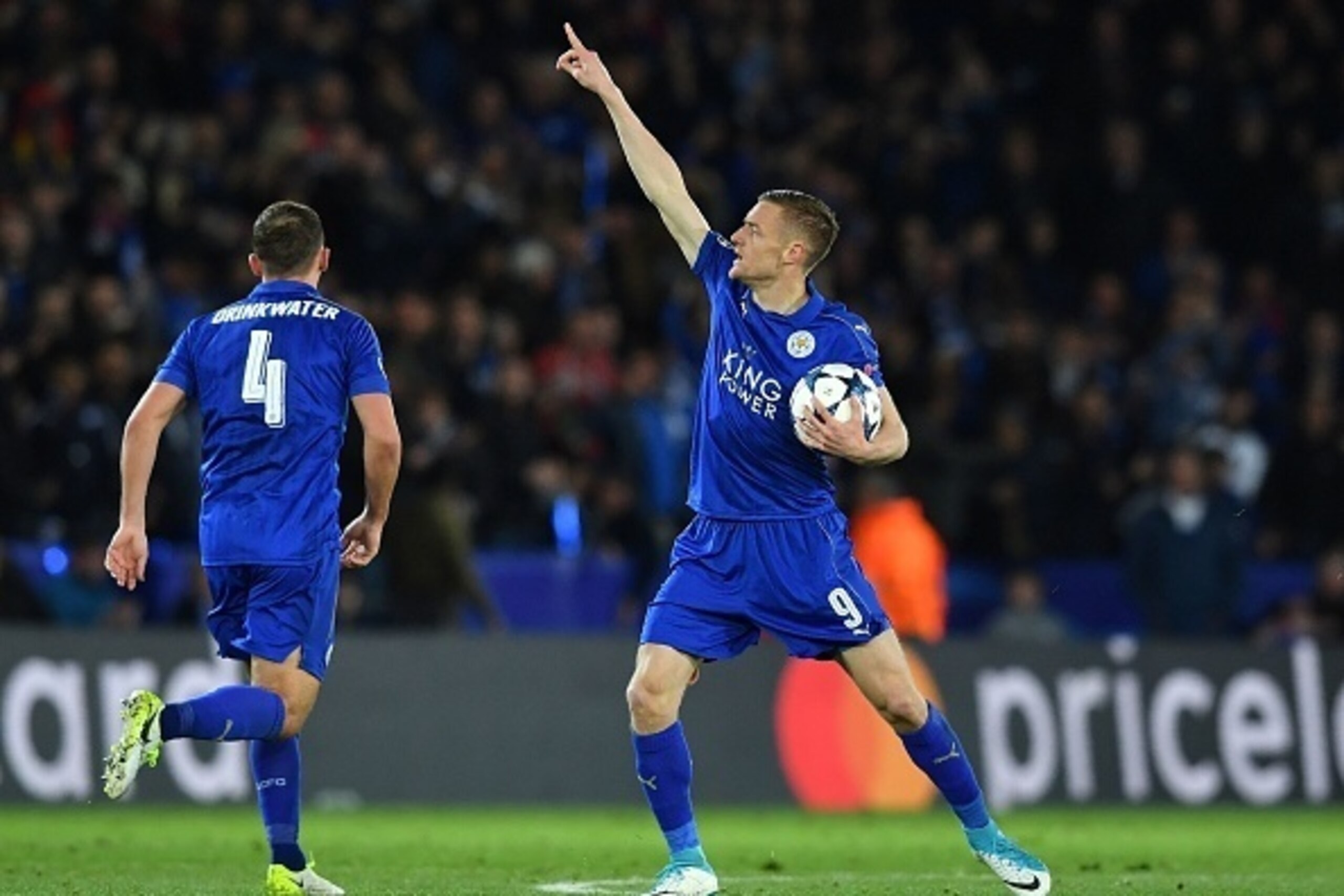 Leicester City's English striker Jamie Vardy celebrates scoring his team's first goal during the UEFA Champions League quarter-final second leg football match between Leicester City and Club Atletico de Madrid at the King Power stadium in Leicester on Apr Leicester City's English striker Jamie Vardy celebrates scoring his team's first goal during the UEFA Champions League quarter-final second leg football match between Leicester City and Club Atletico de Madrid at the King Power stadium in Leicester on Apr