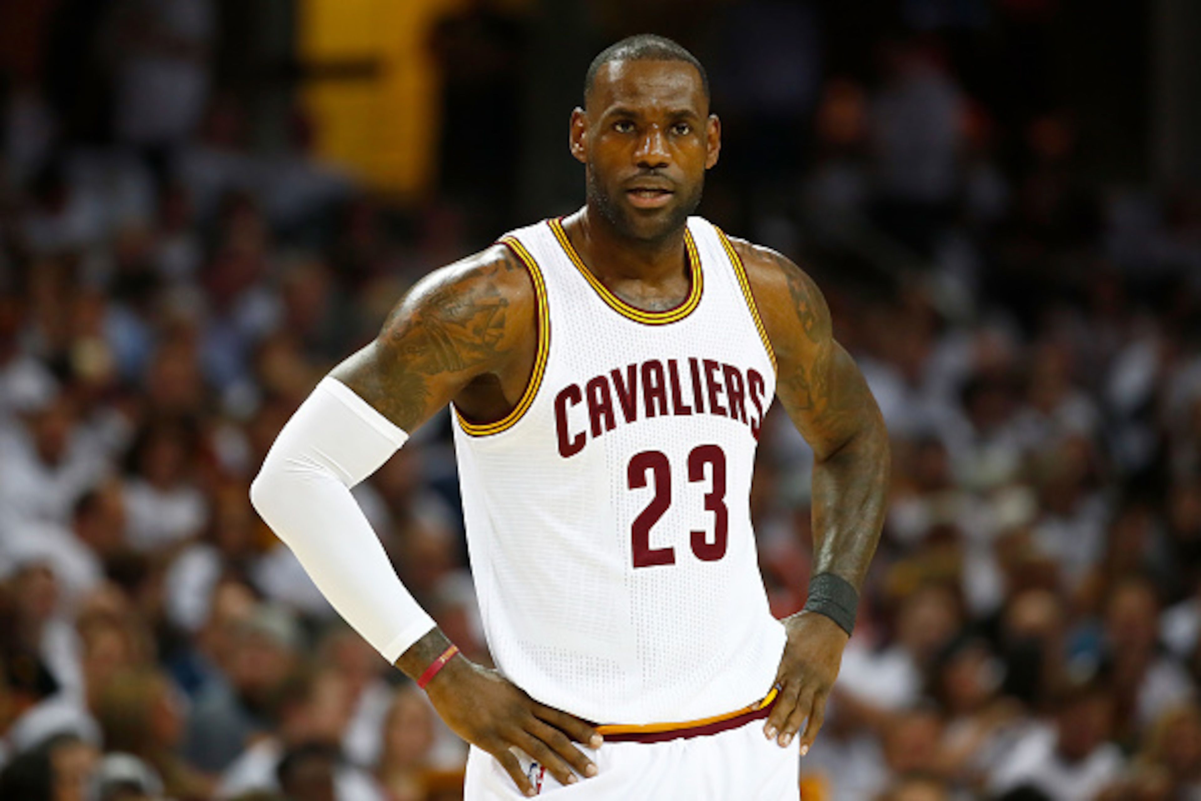 CLEVELAND, OH - APRIL 17: LeBron James #23 of the Cleveland Cavaliers looks on while playing the Indiana Pacers in Game Two of the Eastern Conference Quarterfinals during the 2017 NBA Playoffs at Quicken Loans Arena on April 17, 2017 in Cleveland, Ohio. CLEVELAND, OH - APRIL 17: LeBron James #23 of the Cleveland Cavaliers looks on while playing the Indiana Pacers in Game Two of the Eastern Conference Quarterfinals during the 2017 NBA Playoffs at Quicken Loans Arena on April 17, 2017 in Cleveland, Ohio.