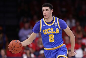 TUCSON, AZ - FEBRUARY 25:  Lonzo Ball #2 of the UCLA Bruins handles the ball during the college basketball game against the Arizona Wildcats at McKale Center on February 25, 2017 in Tucson, Arizona. The Bruins defeated the Wildcats 77-72.  (Photo by Chris