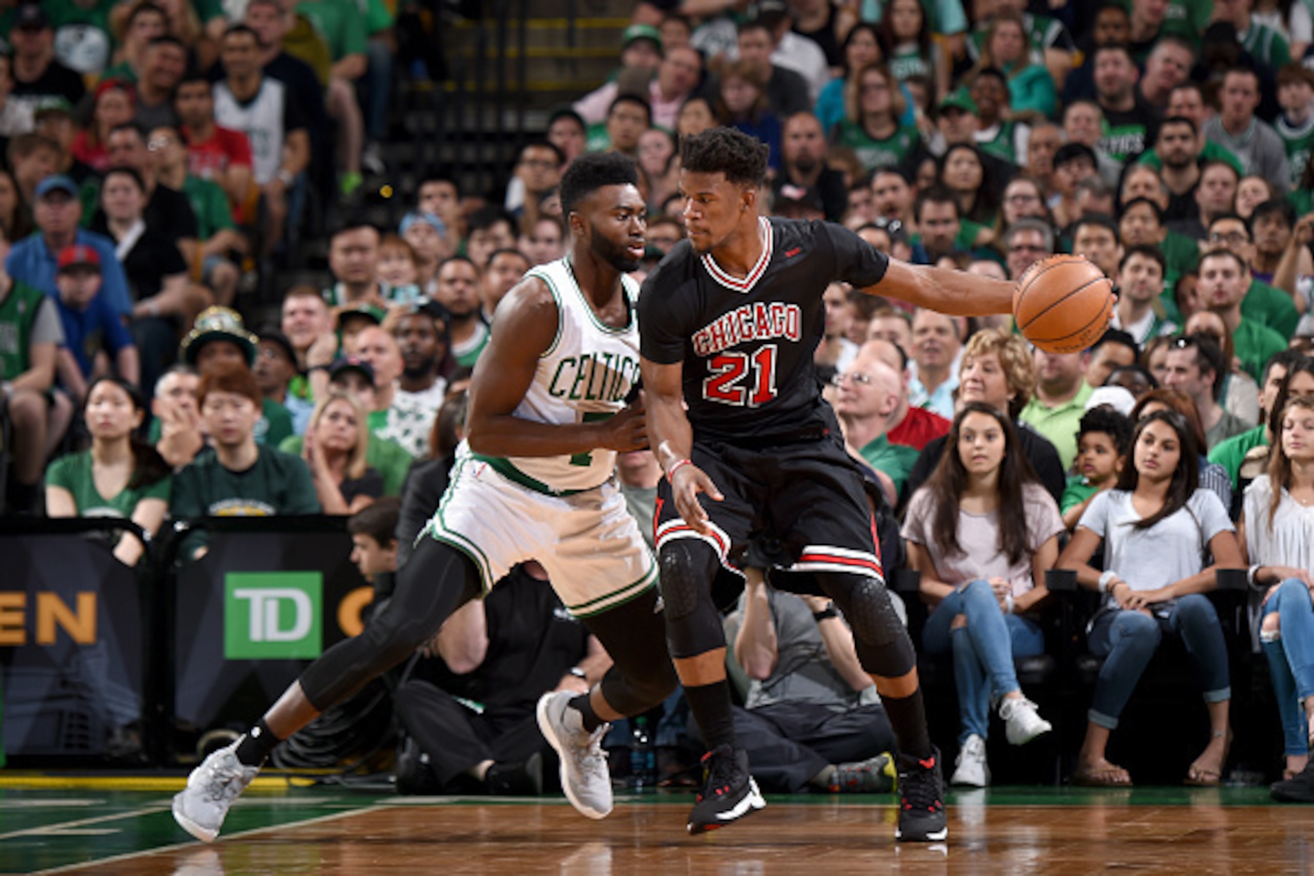 BOSTON, MA - APRIL 16:  Jimmy Butler #21 of the Chicago Bulls handles the ball against the Boston Celtics during the Eastern Conference Quarter-finals of the 2017 NBA Playoffs on April 16, 2017 at TD Garden in Boston, MA. NOTE TO USER: User expressly ackn
