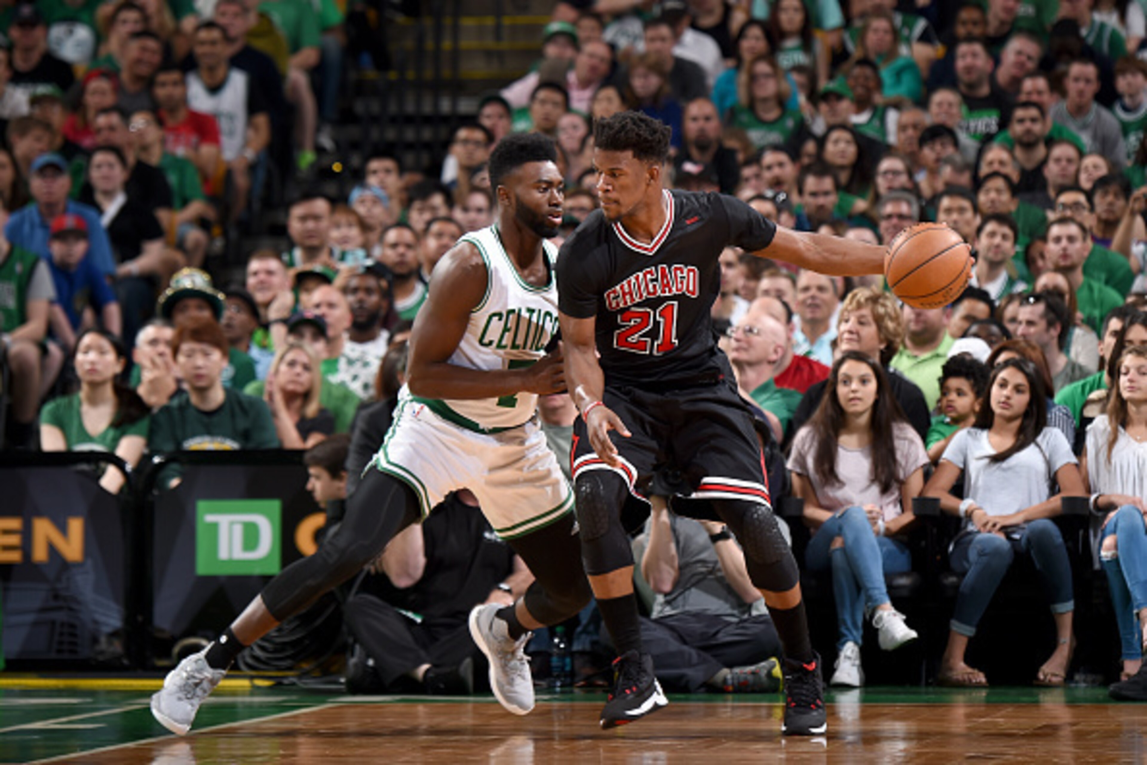 BOSTON, MA - APRIL 16:  Jimmy Butler #21 of the Chicago Bulls handles the ball against the Boston Celtics during the Eastern Conference Quarter-finals of the 2017 NBA Playoffs on April 16, 2017 at TD Garden in Boston, MA. NOTE TO USER: User expressly ackn