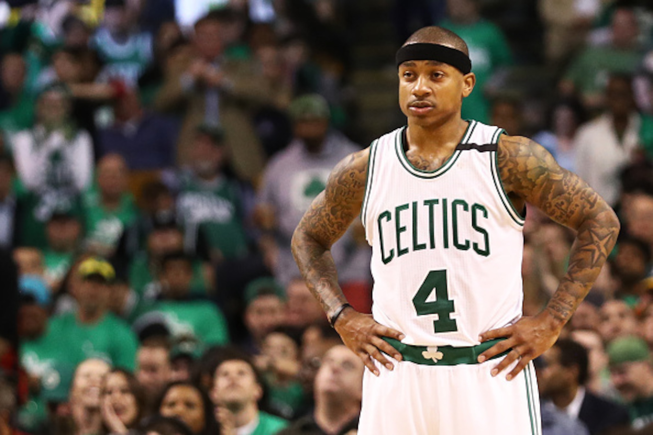 BOSTON, MA - APRIL 18: Isaiah Thomas #4 of the Boston Celtics looks on during the third quarter of Game Two of the Eastern Conference Quarterfinals against the Chicago Bulls at TD Garden on April 18, 2017 in Boston, Massachusetts. NOTE TO USER: User expre
