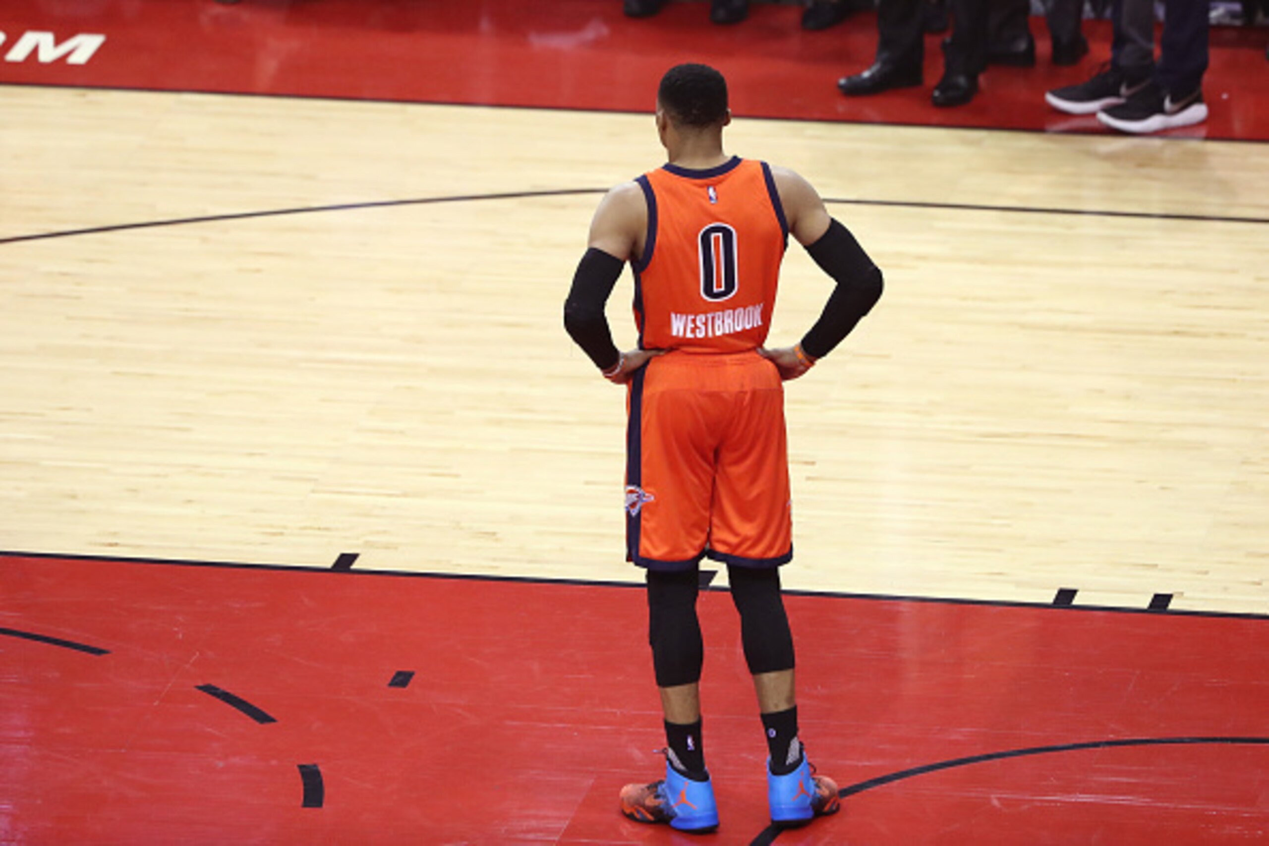 HOUSTON, TX - APRIL 16:  Russell Westbrook #0 of the Oklahoma City Thunder stands on the court during the Western Conference Quarterfinals game against the Houston Rockets during the 2017 NBA Playoffs on April 16, 2017 at Toyota Center in Houston, TX. NOT