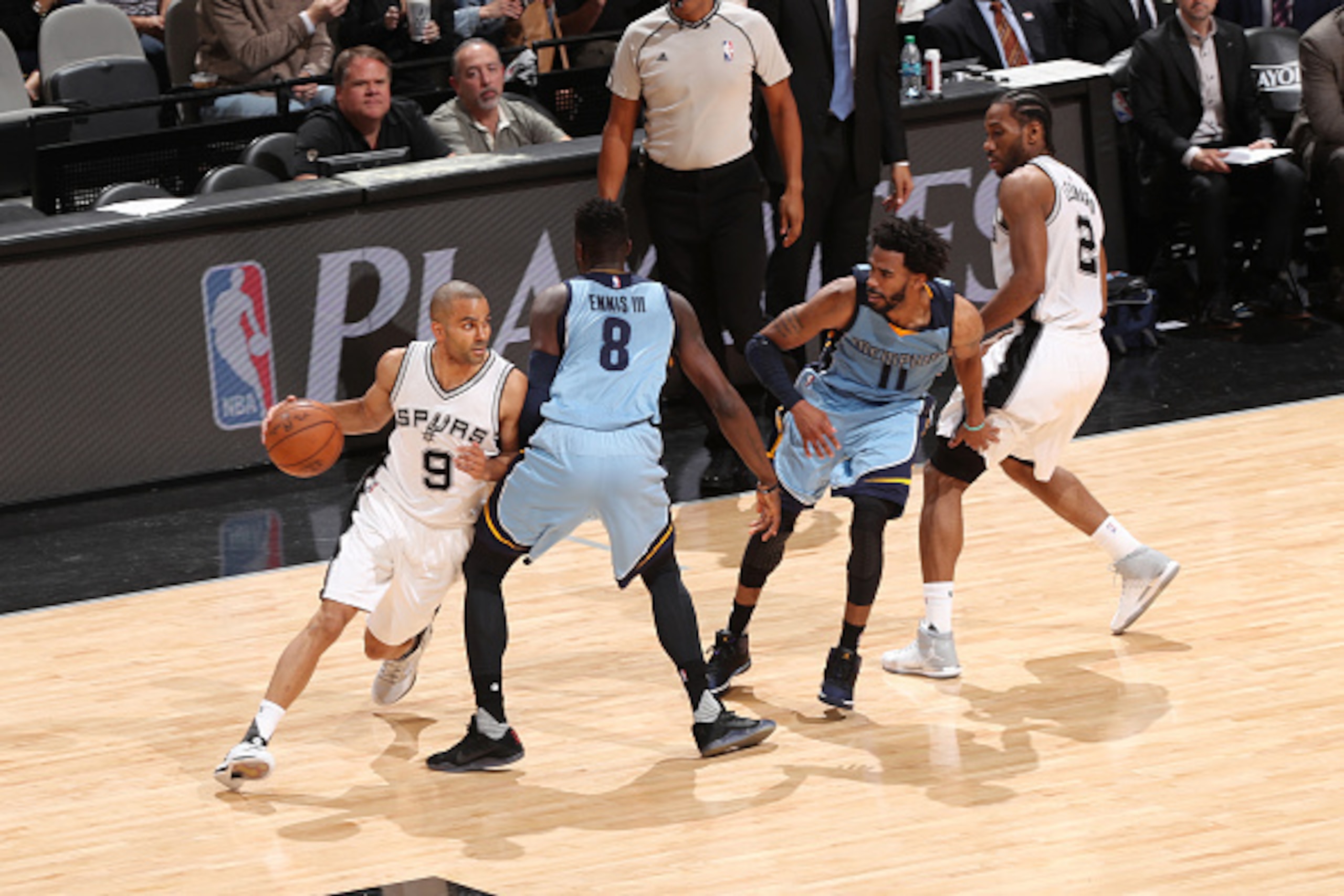 MEMPHIS, TN - APRIL 17:  Tony Parker #9 of the San Antonio Spurs handles the ball against the Memphis Grizzlies during Game Two of the Western Conference Quarterfinals of the 2017 NBA Playoffs on April 17, 2017 at FedExForum in Memphis, Tennessee. NOTE TO