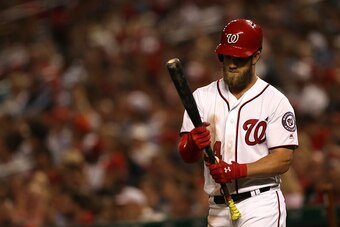 WASHINGTON, DC - APRIL 11: Bryce Harper #34 of the Washington Nationals prepares to bat against the St. Louis Cardinals at Nationals Park on April 11, 2017 in Washington, DC. (Photo by Patrick Smith/Getty Images)