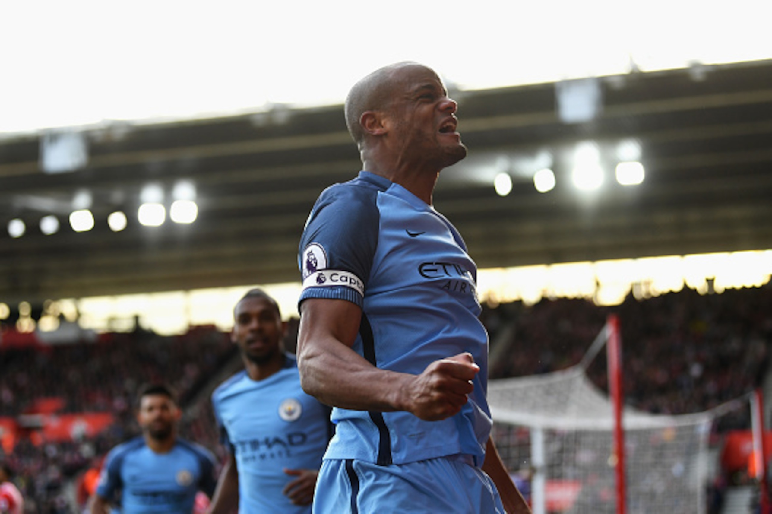 SOUTHAMPTON, ENGLAND - APRIL 15: Vincent Kompany of Manchester City celebrates scoring his sides first goal during the Premier League match between Southampton and Manchester City at St Mary's Stadium on April 15, 2017 in Southampton, England.  (Photo by 