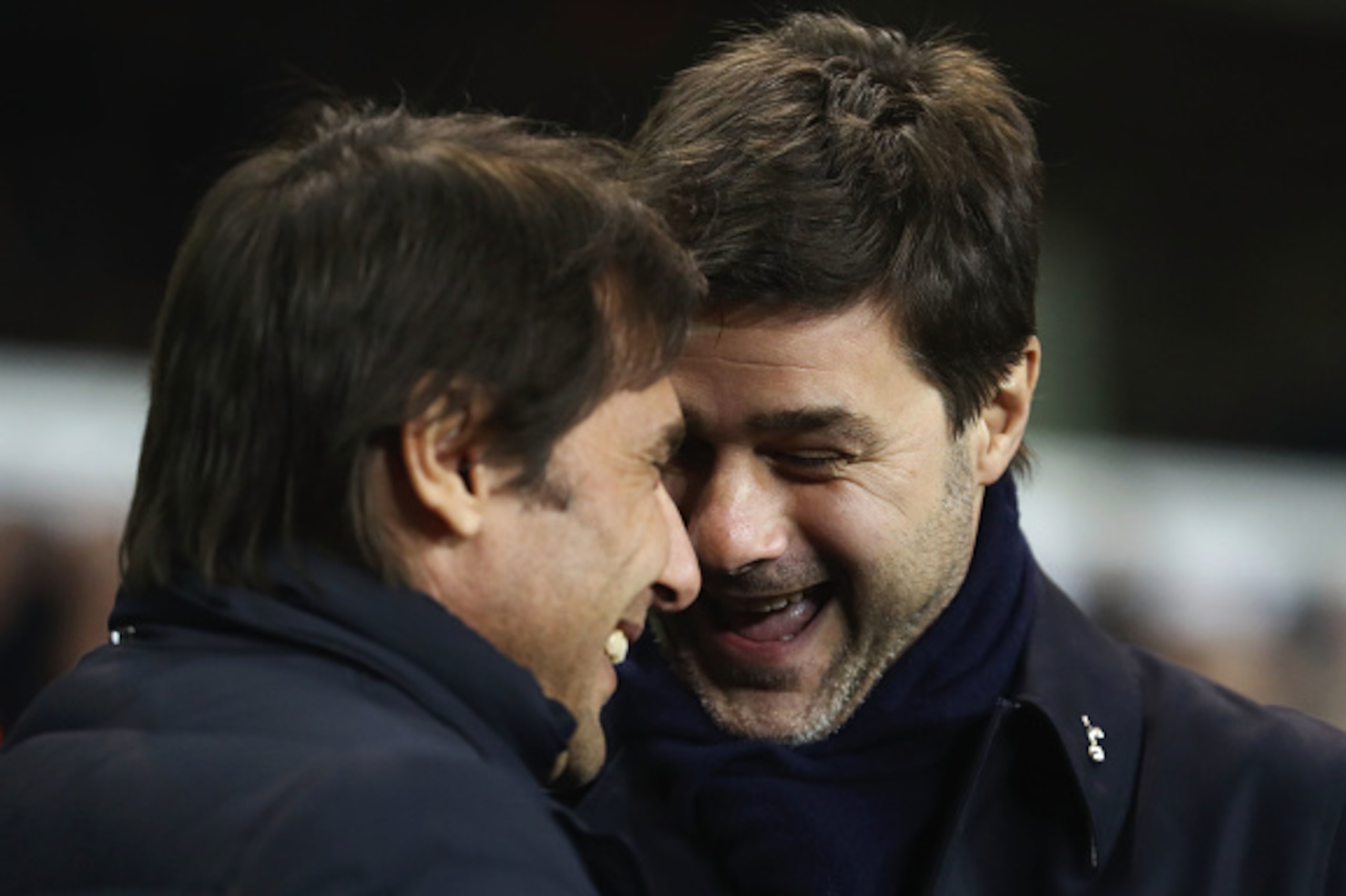 LONDON, ENGLAND - JANUARY 04: Antonio Conte, Manager of Chelsea (L) and Mauriio Pochettino, Manager of Tottenham Hotspur (R) speak prior to the Premier League match between Tottenham Hotspur and Chelsea at White Hart Lane on January 4, 2017 in London, En LONDON, ENGLAND - JANUARY 04: Antonio Conte, Manager of Chelsea (L) and Mauriio Pochettino, Manager of Tottenham Hotspur (R) speak prior to the Premier League match between Tottenham Hotspur and Chelsea at White Hart Lane on January 4, 2017 in London, En