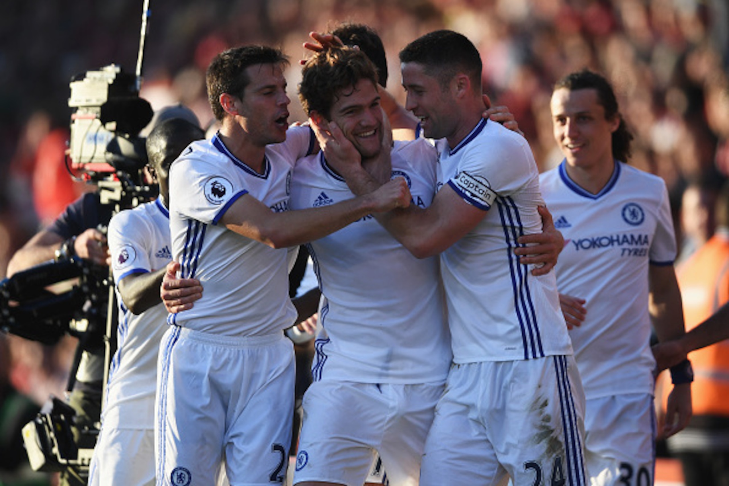 BOURNEMOUTH, ENGLAND - APRIL 08: Marcos Alonso of Chelsea celebrates scoring his sides third goal with his Chelsea team mates during the Premier League match between AFC Bournemouth and Chelsea at Vitality Stadium on April 8, 2017 in Bournemouth, England BOURNEMOUTH, ENGLAND - APRIL 08: Marcos Alonso of Chelsea celebrates scoring his sides third goal with his Chelsea team mates during the Premier League match between AFC Bournemouth and Chelsea at Vitality Stadium on April 8, 2017 in Bournemouth, England