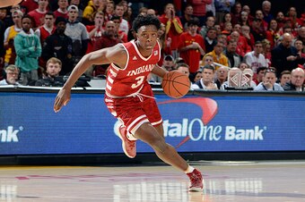 COLLEGE PARK, MD - JANUARY 10: OG Anunoby #3 of the Indiana Hoosiers handles the ball against the Maryland Terrapins at Xfinity Center on January 10, 2017 in College Park, Maryland.  (Photo by G Fiume/Maryland Terrapins/Getty Images)