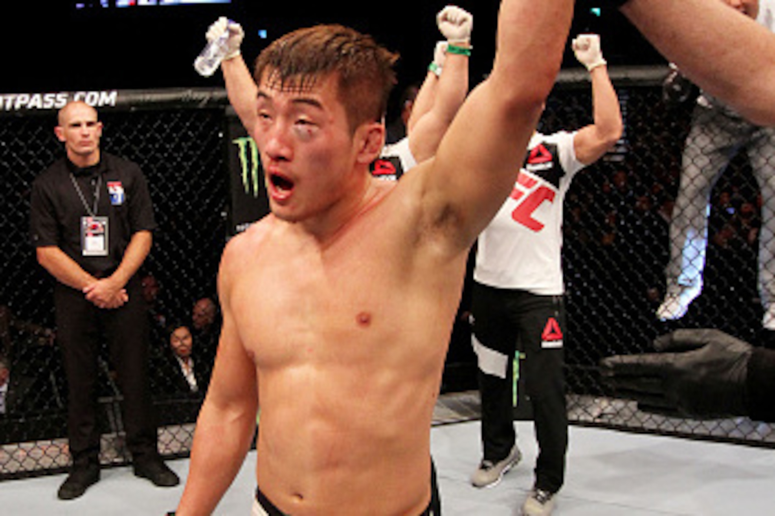 SEOUL, SOUTH KOREA - NOVEMBER 28: Tae Hyun Bang of South Korea reacts after his win over Leo Kuntz of the United States of America in their  lightweight bout during the UFC Fight Night at the Olympic Park Gymnastics Arena on November 28, 2015 in Seoul, So