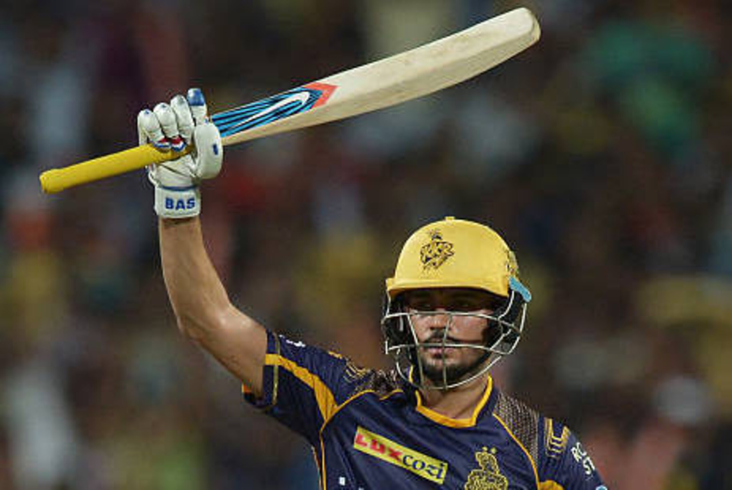 Kolkata Knight Riders Manish Pandey celebrates after scoring a half-century (50 runs)  during the 2016 Indian Premier League (IPL) Twenty20 cricket match between Kolkata Knight Riders and Royal Challengers Bangalore at the Eden Gardens Cricket Stadium in 