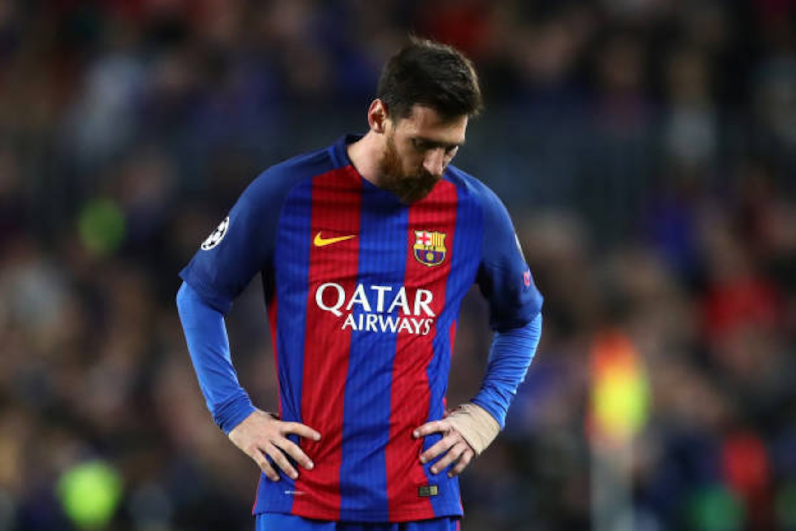 BARCELONA, SPAIN - APRIL 19:  Lionel Messi of FC Barcelona looks dejected during the UEFA Champions League Quarter Final second leg match between FC Barcelona and Juventus at Camp Nou on April 19, 2017 in Barcelona, Spain.  (Photo by Chris Brunskill Ltd/G