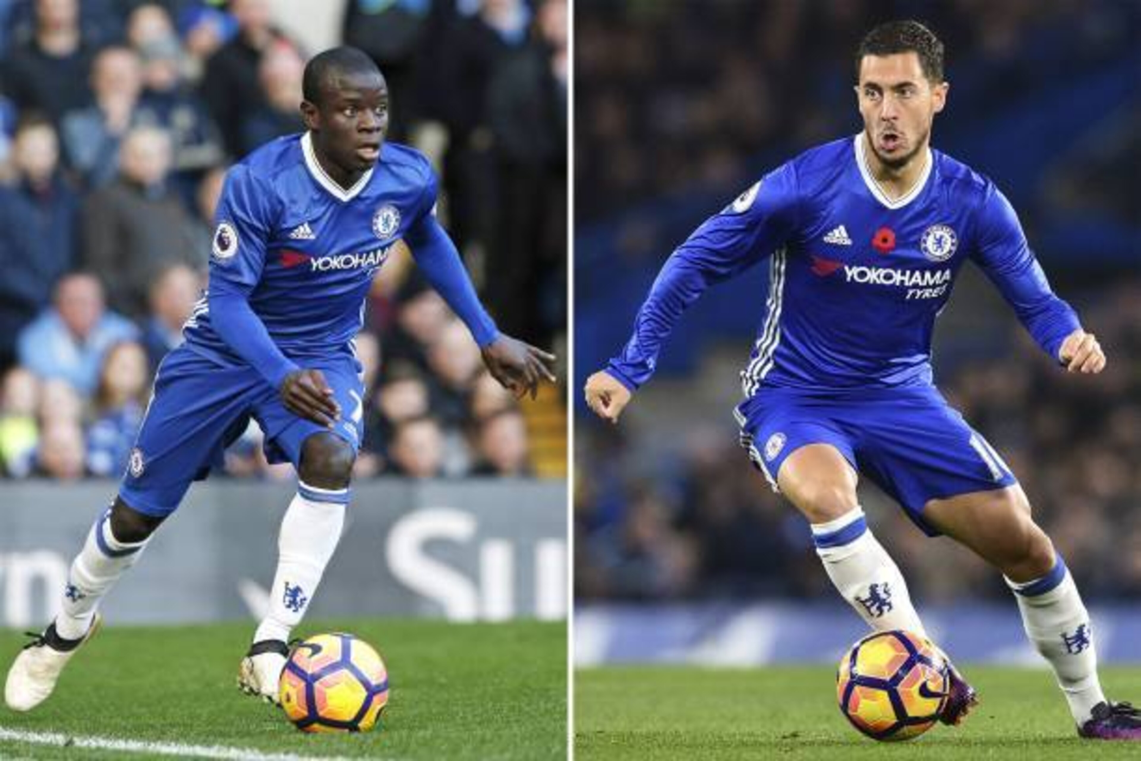 A combo picture shows Chelsea's French midfielder N'Golo Kante (L) and Chelsea's Belgian midfielder Eden Hazard in action during Premier league matches.
N'Golo Kante and Eden Hazard have seen their key roles in Chelsea's bid for the Premier League title a