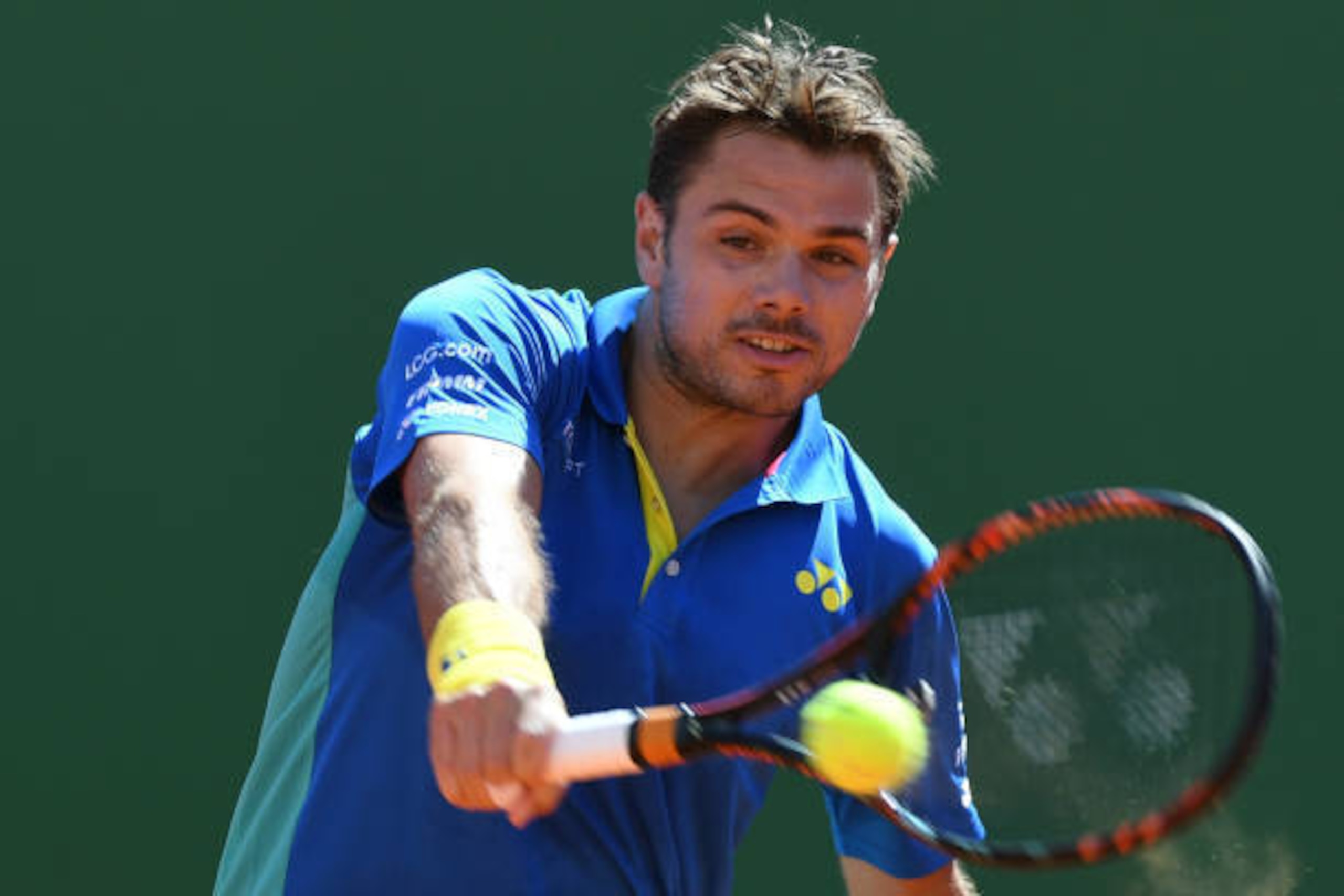 Switzerland's Stan Wawrinka hits a return to Czsech Republic's Jiri Vesely   during the Monte-Carlo ATP Masters Series tournament on April 19, 2017 in Monaco / AFP PHOTO / Yann COATSALIOU        (Photo credit should read YANN COATSALIOU/AFP/Getty Images)