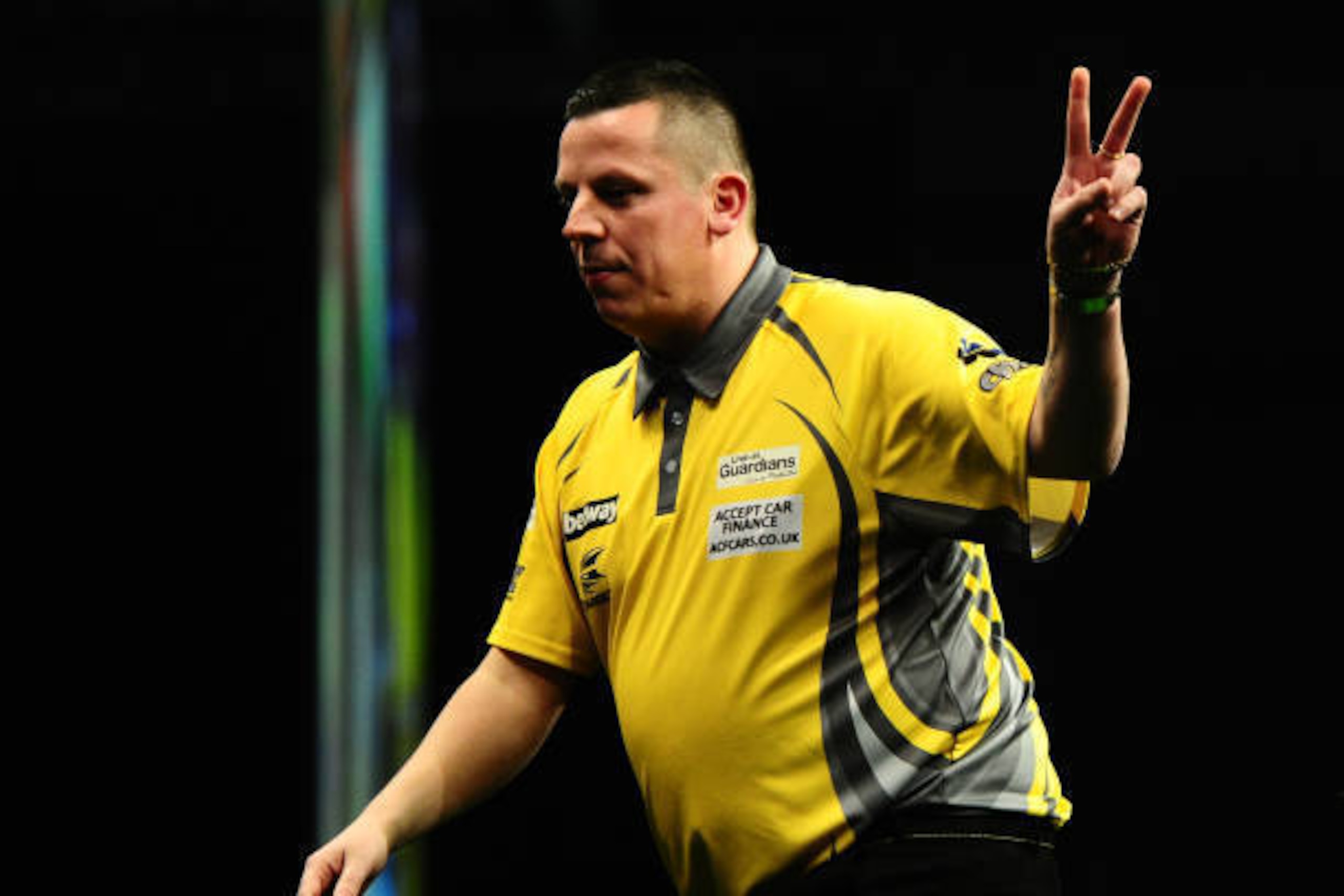 EXETER, UNITED KINGDOM - MARCH 02: Dave Chisnall celebrates during Night Five of the Betway Premier League Darts at Westpoint Arena on March 2, 2017 in Exeter, England. (Photo by Harry Trump/Getty Images)