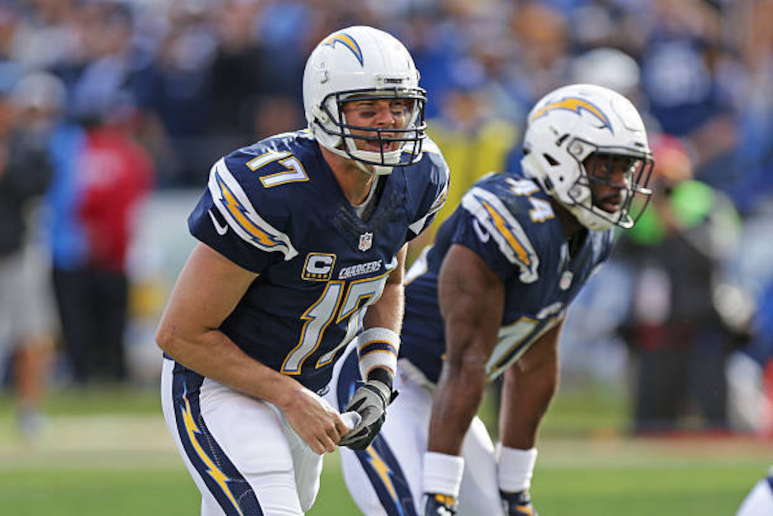SAN DIEGO, CA - JANUARY 01: Philip Rivers #17 of the San Diego Chargers calling plays at the line against  the Kansas City Chiefs during a NFL game at Qualcomm Stadium on January 1, 2017 in San Diego, California.  (Photo by Leon Bennett/Getty Images)