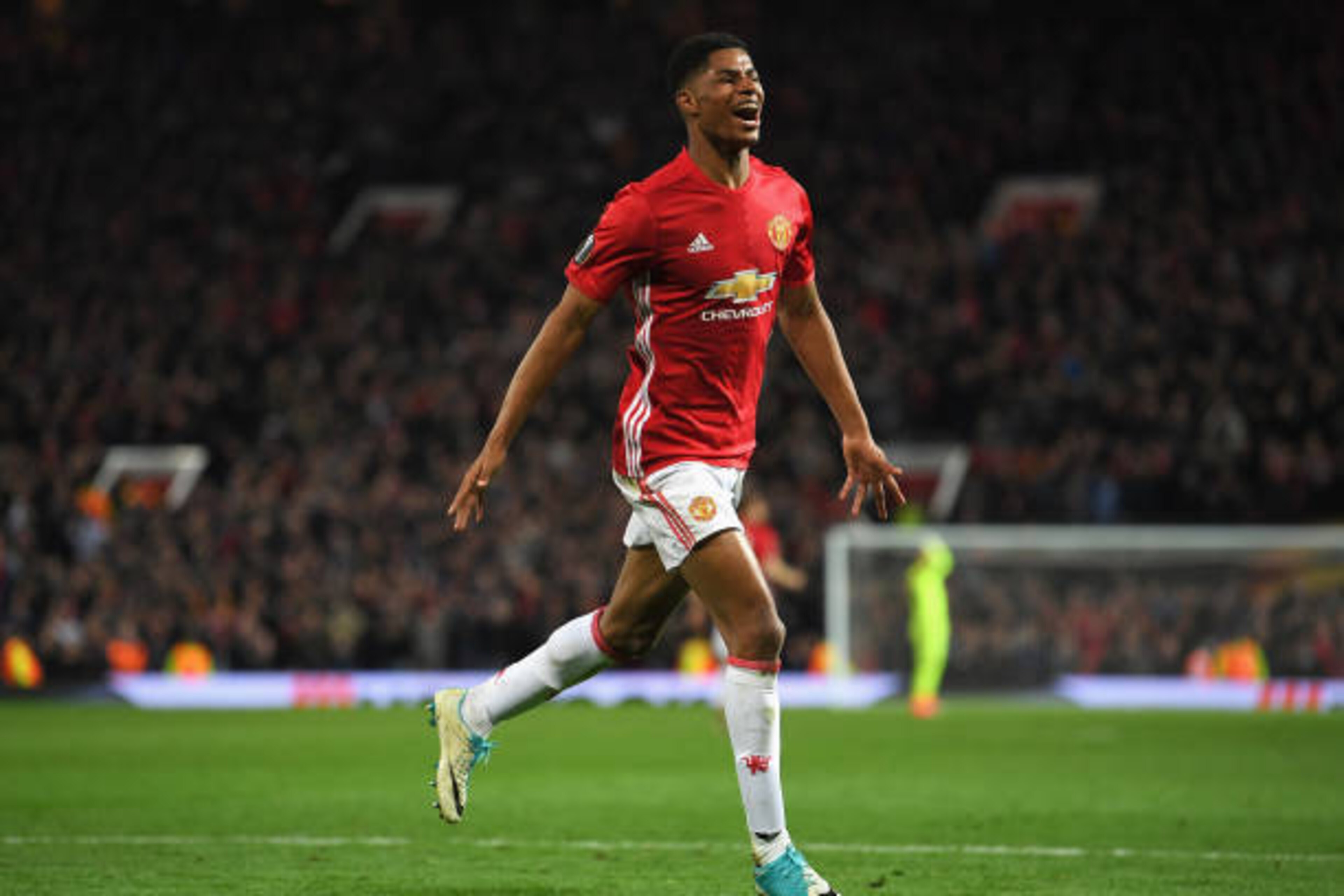 MANCHESTER, ENGLAND - APRIL 20:  Marcus Rashford of Manchester United celebrates as he scores their second goal during the UEFA Europa League quarter final second leg match between Manchester United and RSC Anderlecht at Old Trafford on April 20, 2017 in 